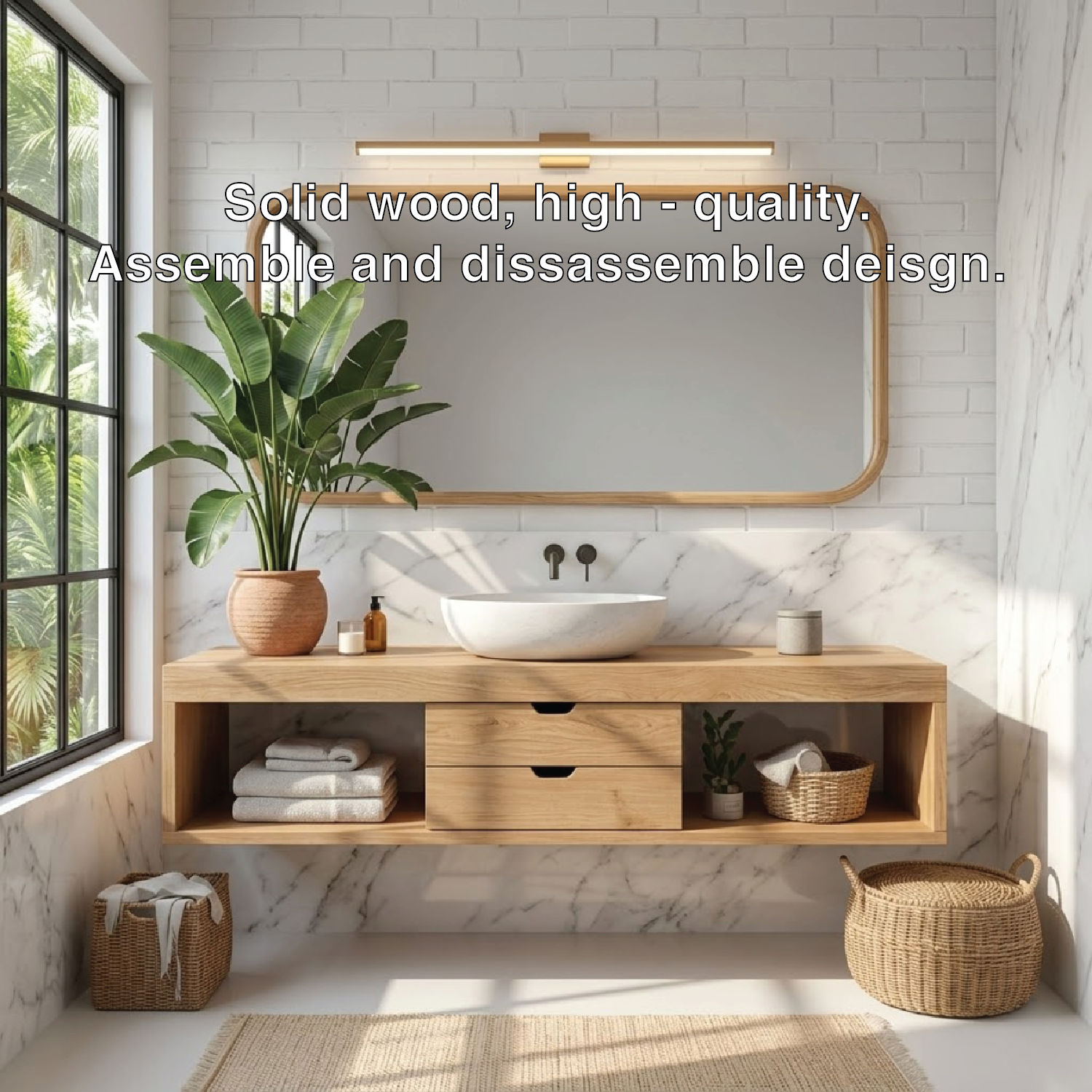 Sleek Oak Floating Vanity with Marble Sink and Ample Storage for Modern Bathrooms