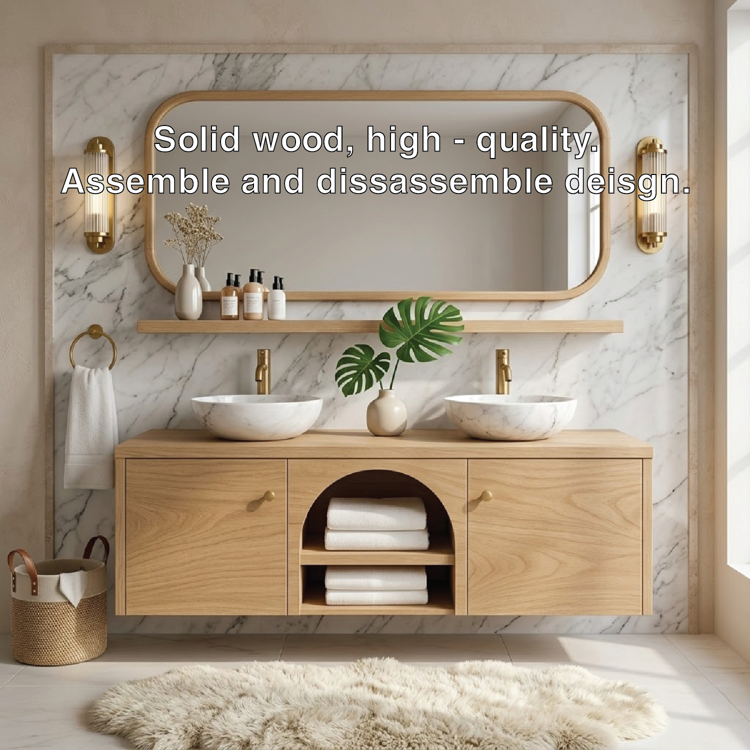 Double Sink Floating Vanity with Wooden Base and Elegant Gold Fixtures