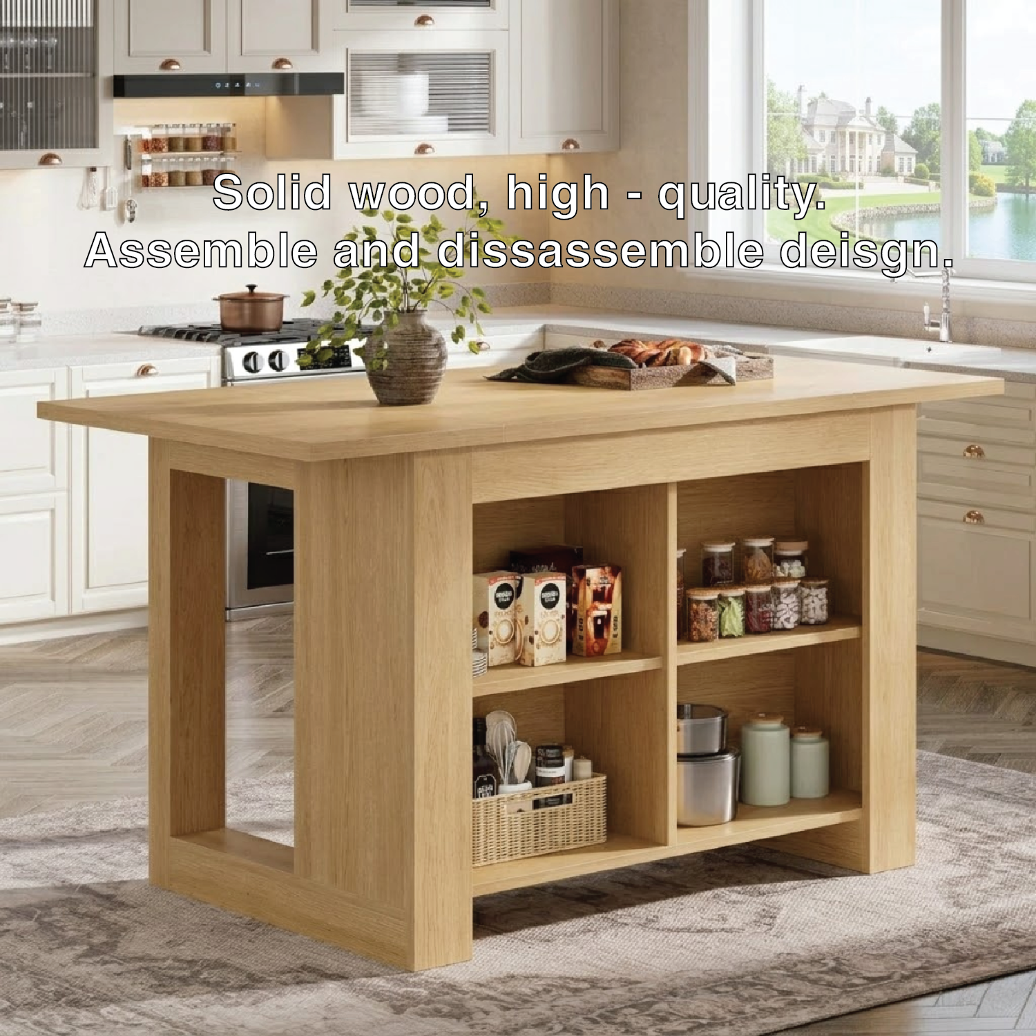 Large Kitchen Island with Open Storage Shelves, Modern Prep Table for Kitchen Dining Space