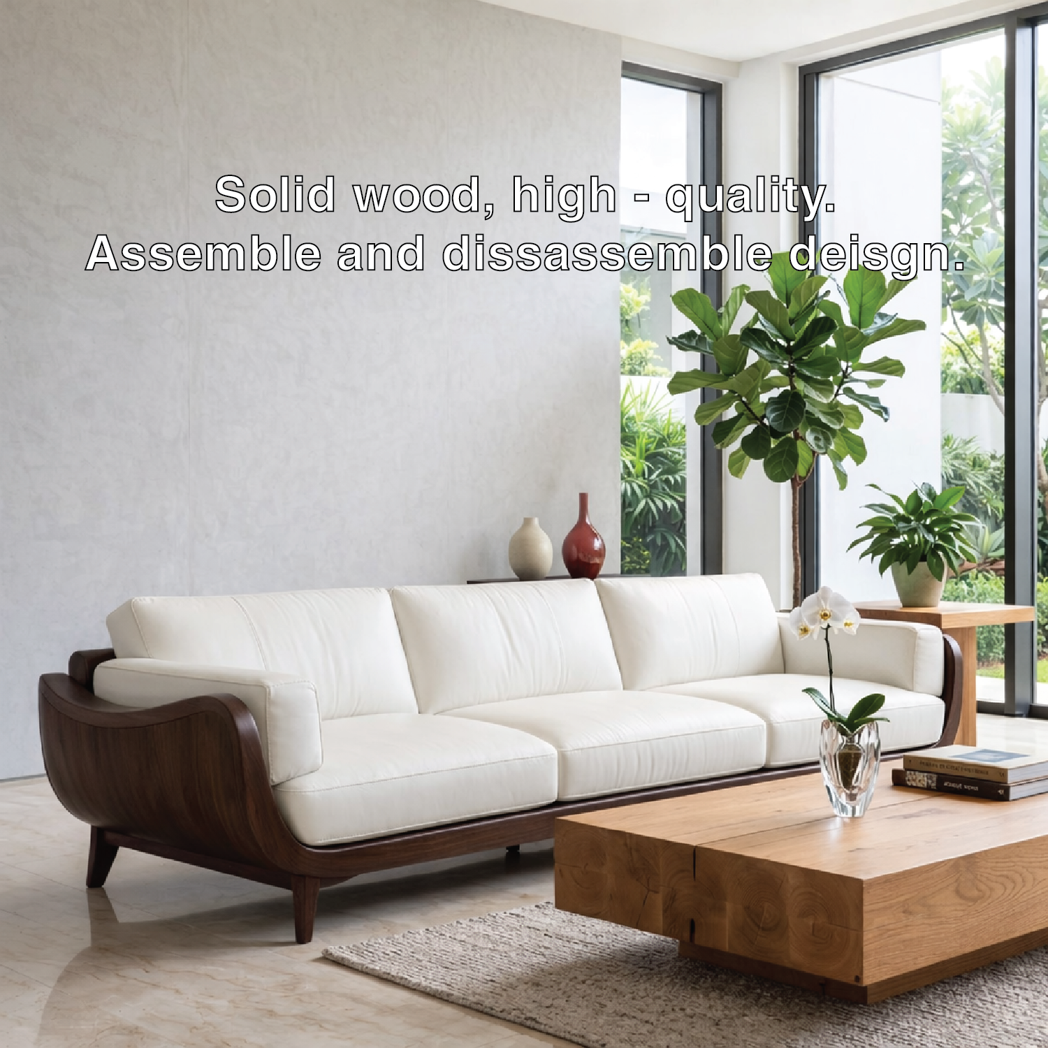 Modern Curved Solid Wood Sofa with White Leather Cushions Luxury Scandi Couch