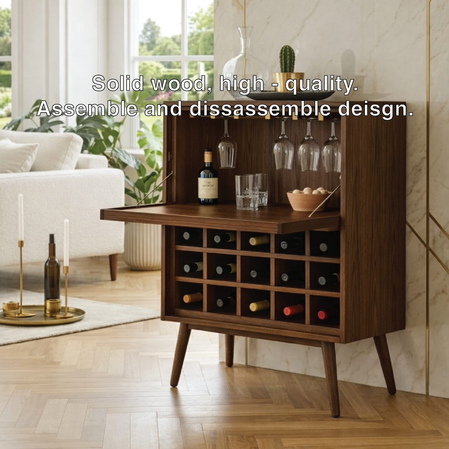 Modern Wine Cabinet with Fold Down Bar Shelf and Bottle Storage Rack
