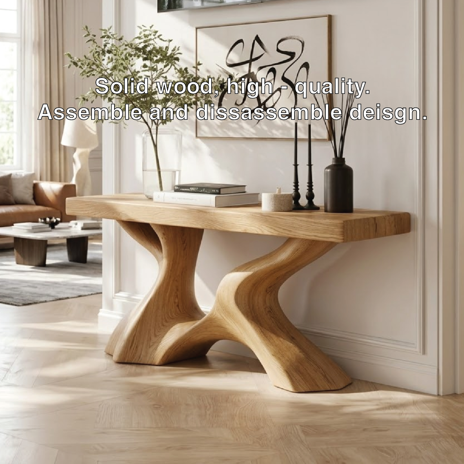 Solid Wood Console Table with Sculpted Curved Base, Modern Organic Design