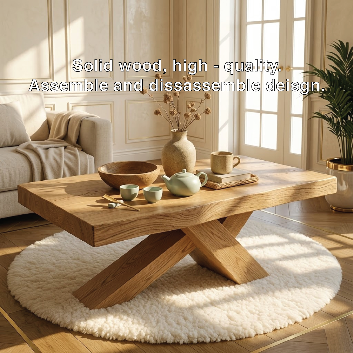 Rustic Solid Wood Coffee Table with X-shaped Legs and Natural Finish