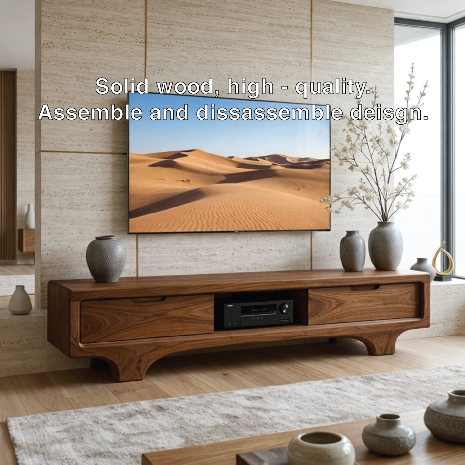 Solid Wood TV Stand with Drawers, Low Profile Modern Media Console Cabinet