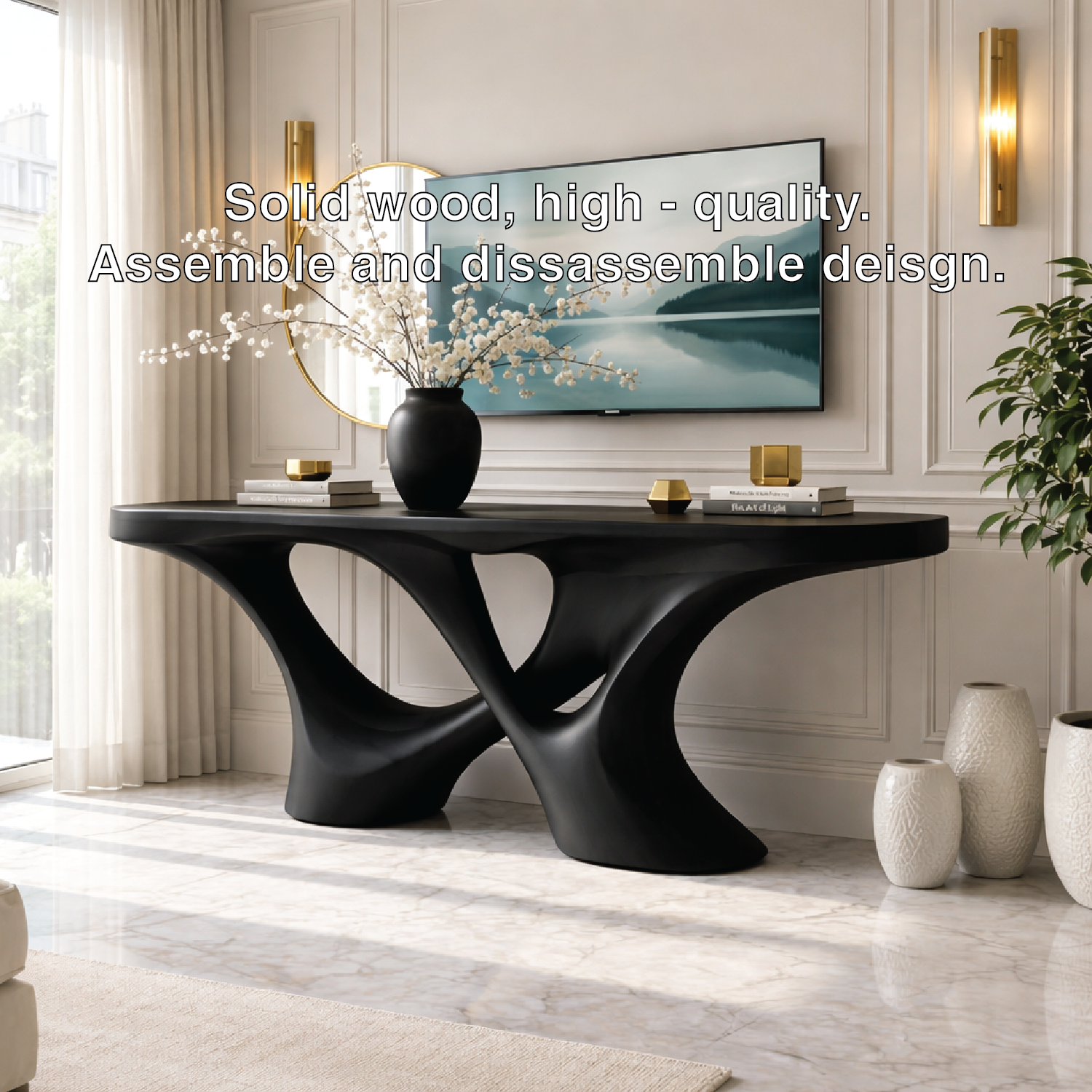 Solid Wood Console Table with Sculpted Curved Base, Artistic Modern Design