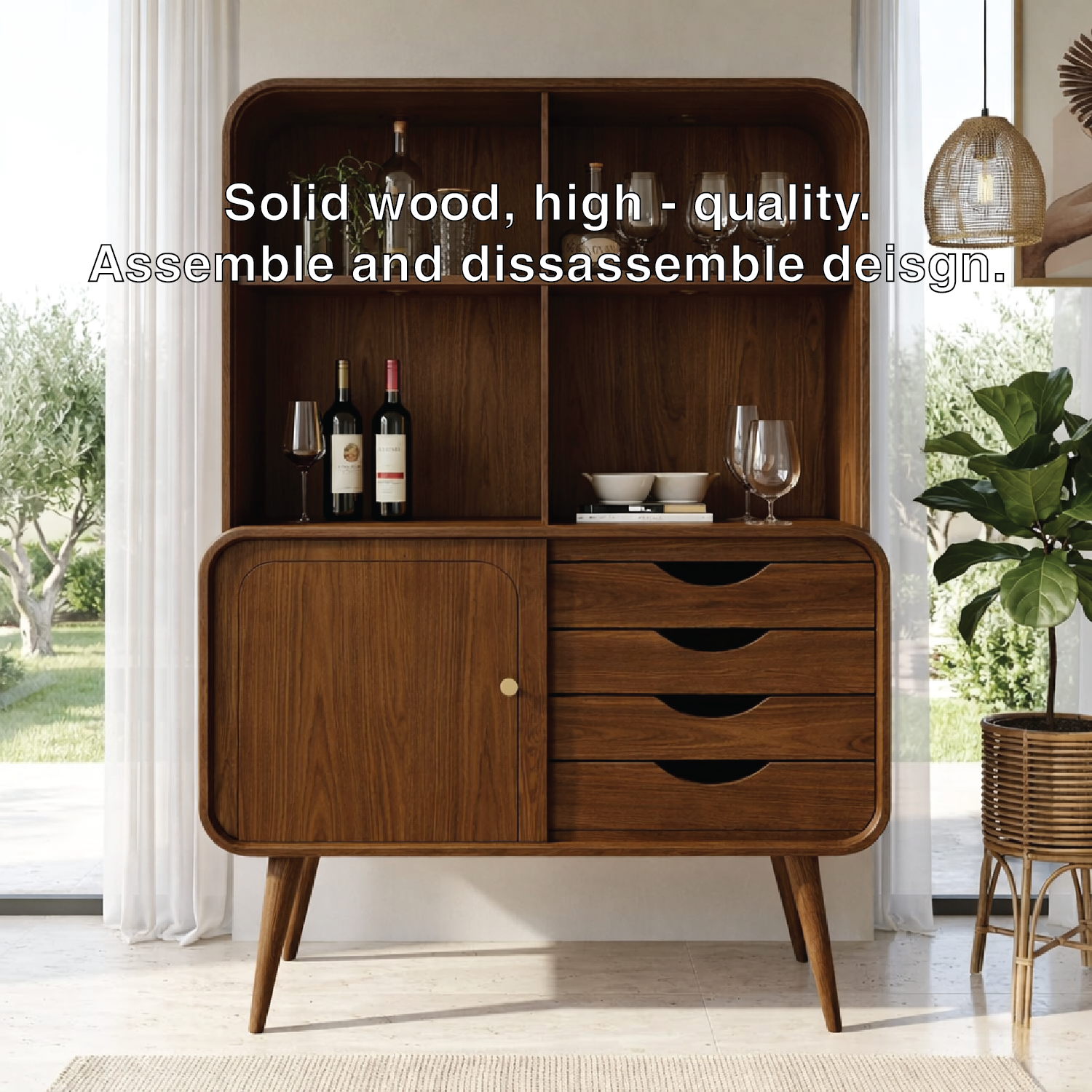 Modern Wine Cabinet with Open Shelves, Drawers and Concealed Storage Door