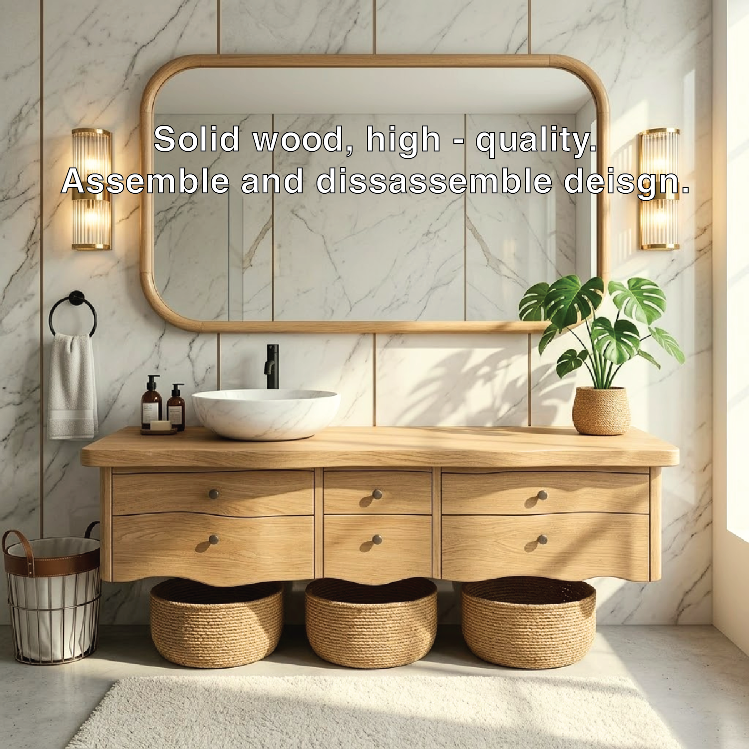 Rustic Double Sink Floating Vanity with Wooden Base and Black Faucets