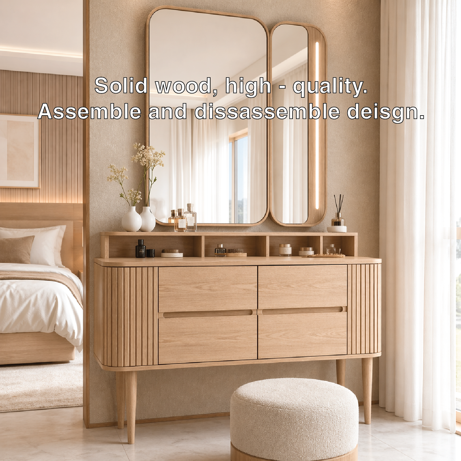 Modern Makeup Vanity Desk With LED Mirror Drawers Dressing Table Bedroom Furniture