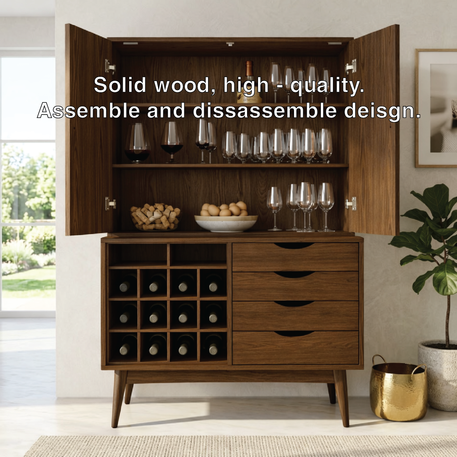 Modern Wine Bar Cabinet with Glass Storage, Bottle Rack and Drawer Organizer