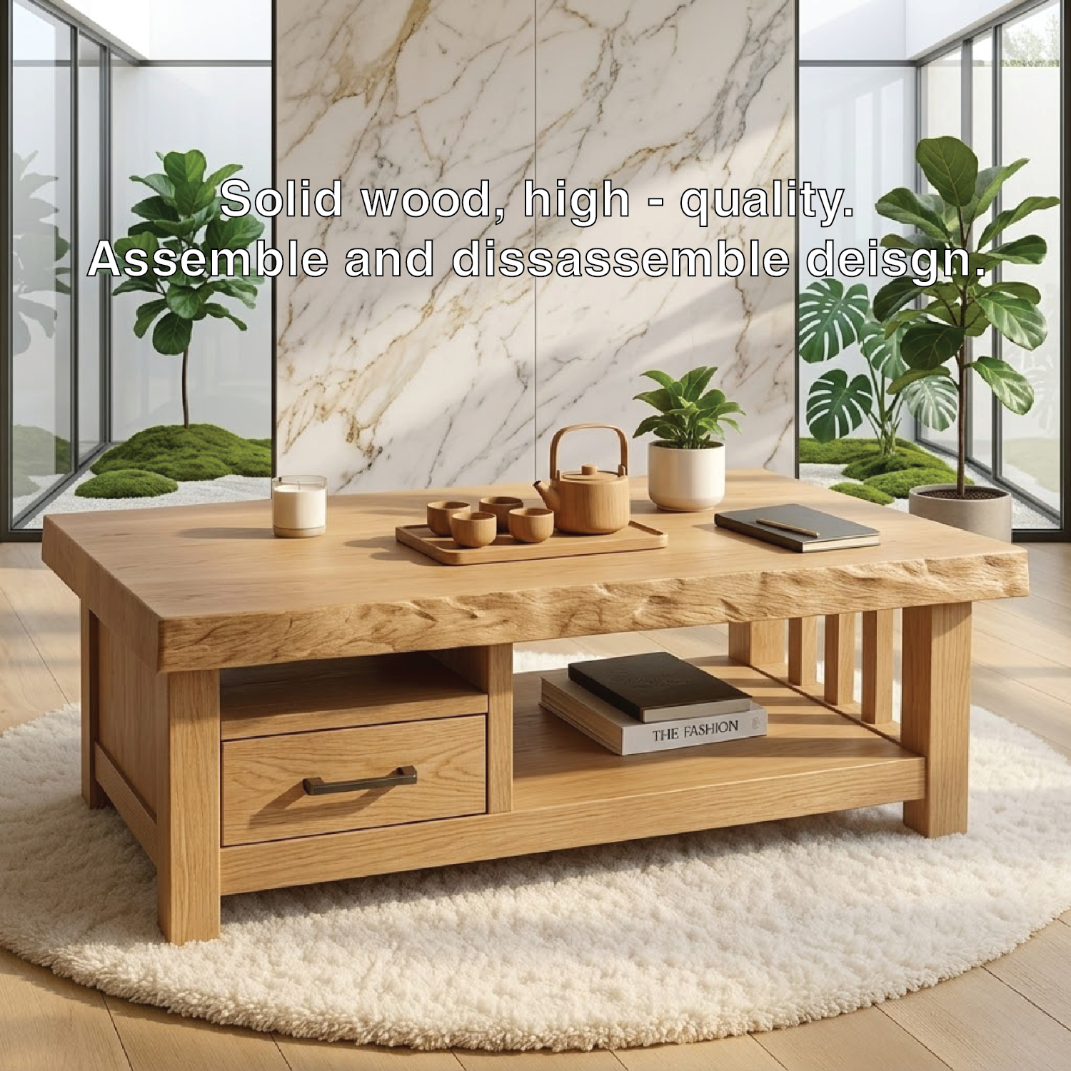 Modern Solid Wood Coffee Table with Drawer and Open Shelf for Living Room Storage