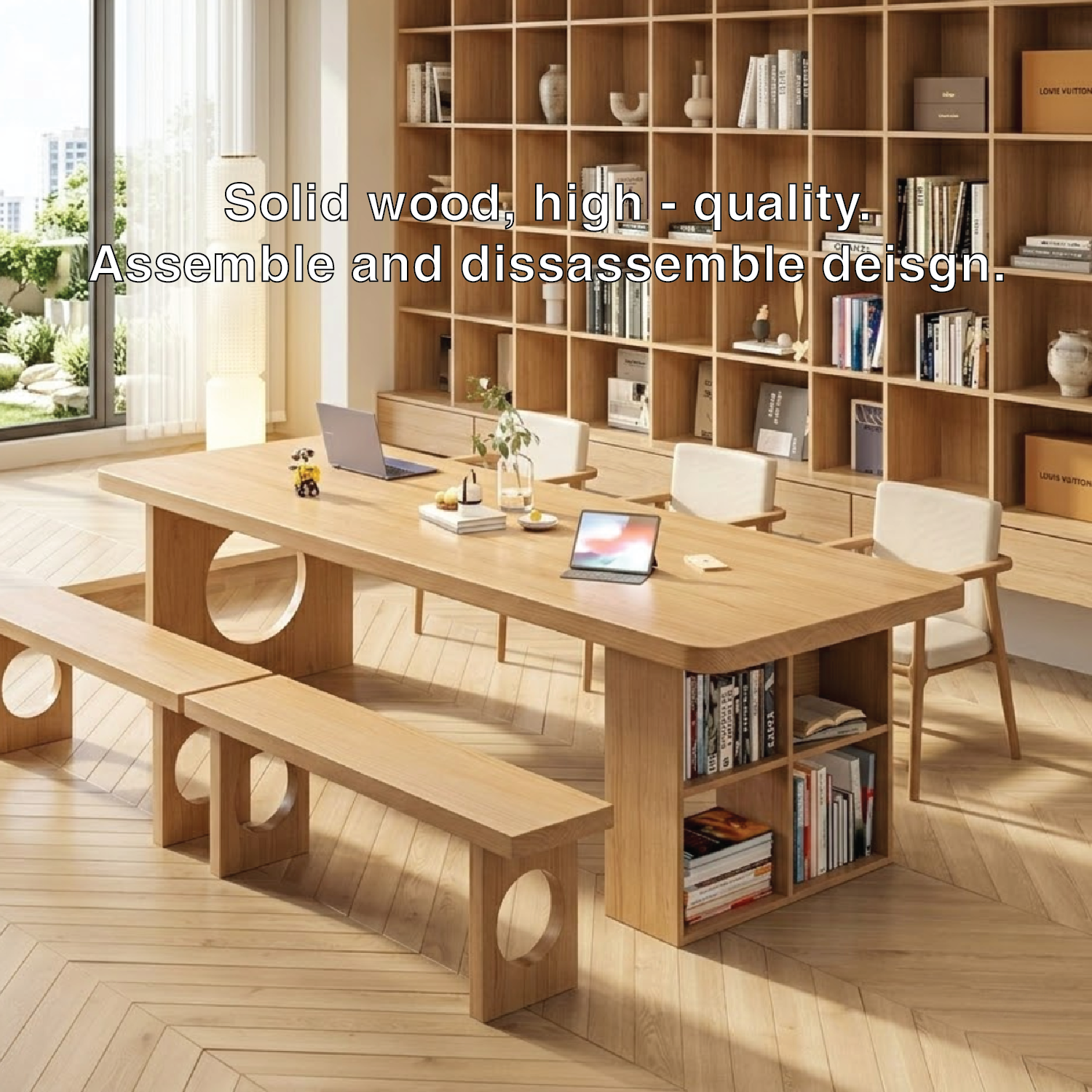 Stylish Work Desk with Open Shelves and Round Accent for Home or Office