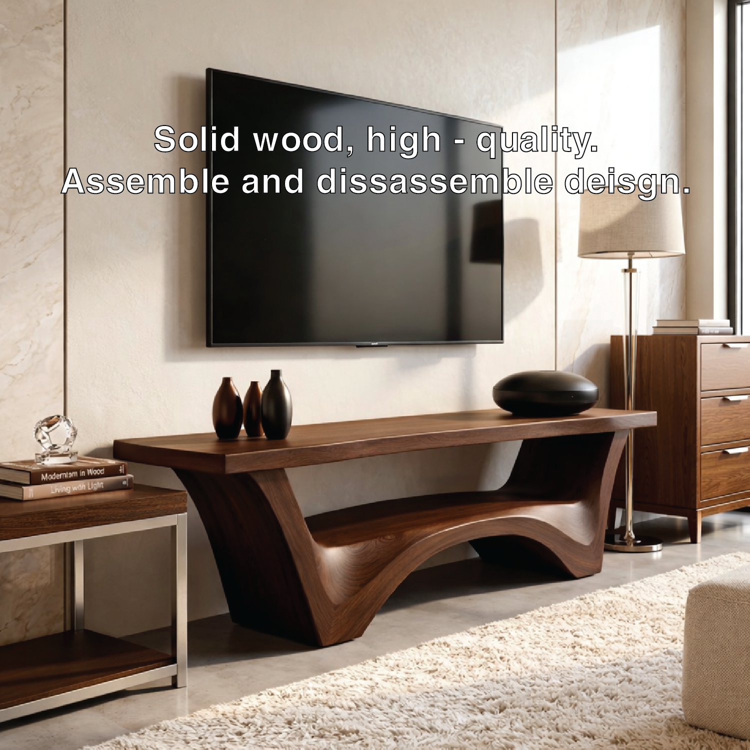 Solid Wood TV Stand with Sculptural Base, Modern Open Media Console
