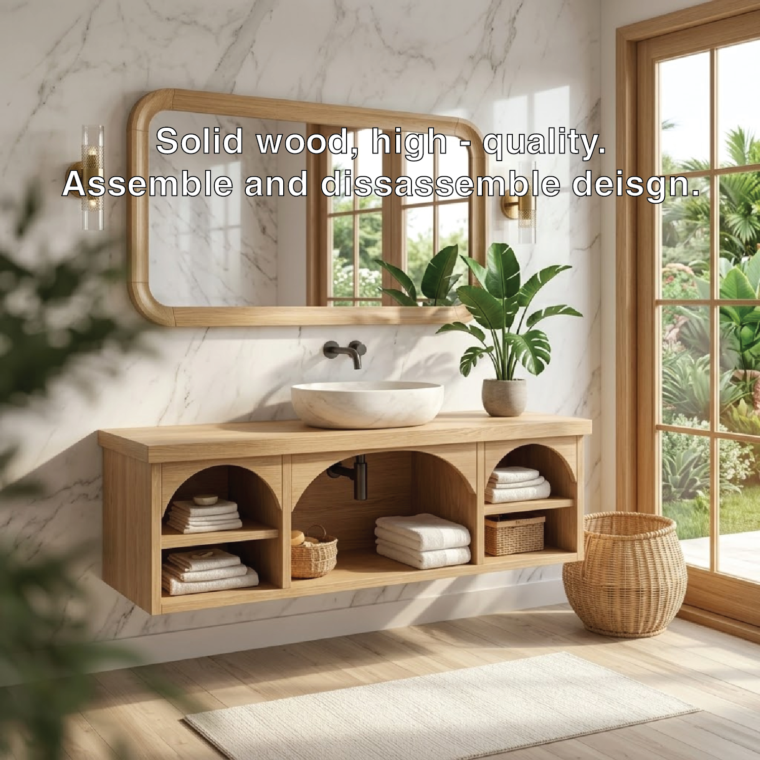 Solid Wood Floating Vanity with Arched Storage and Modern Design
