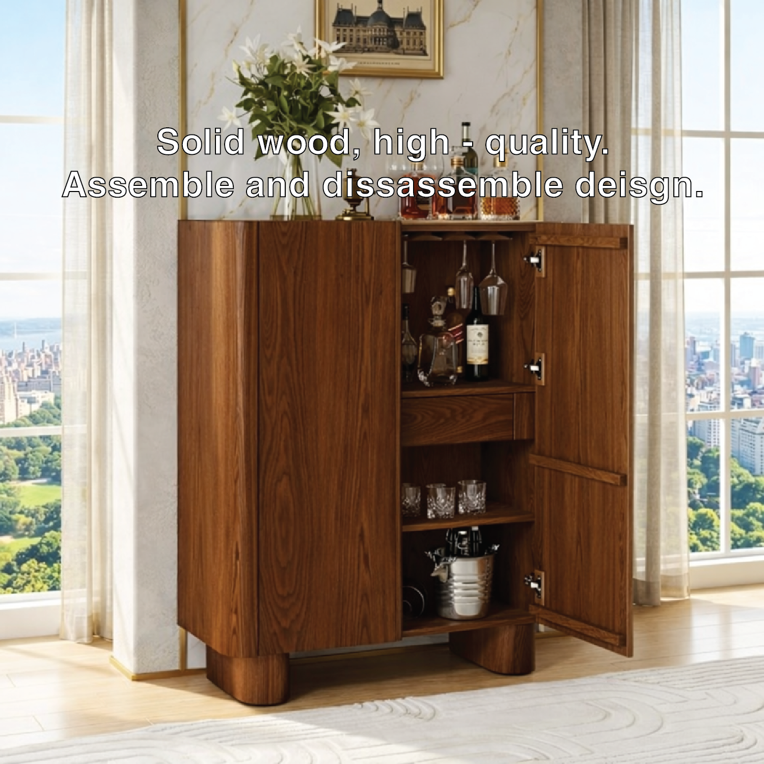 Modern Bar Cabinet with Wine Glass Holder and Concealed Liquor Storage