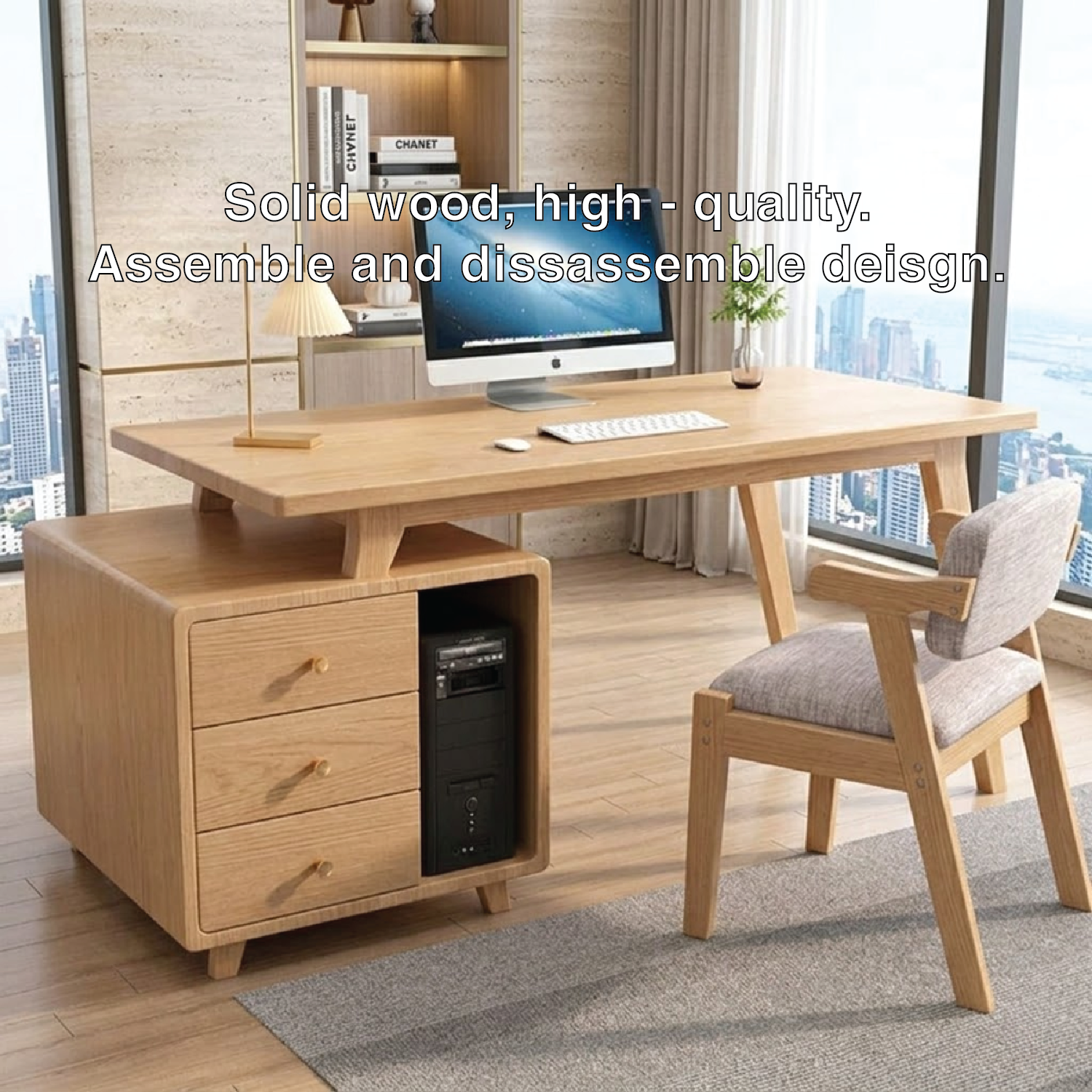 Modern Writing Desk with Drawers and CPU Storage, Home Office Computer Table
