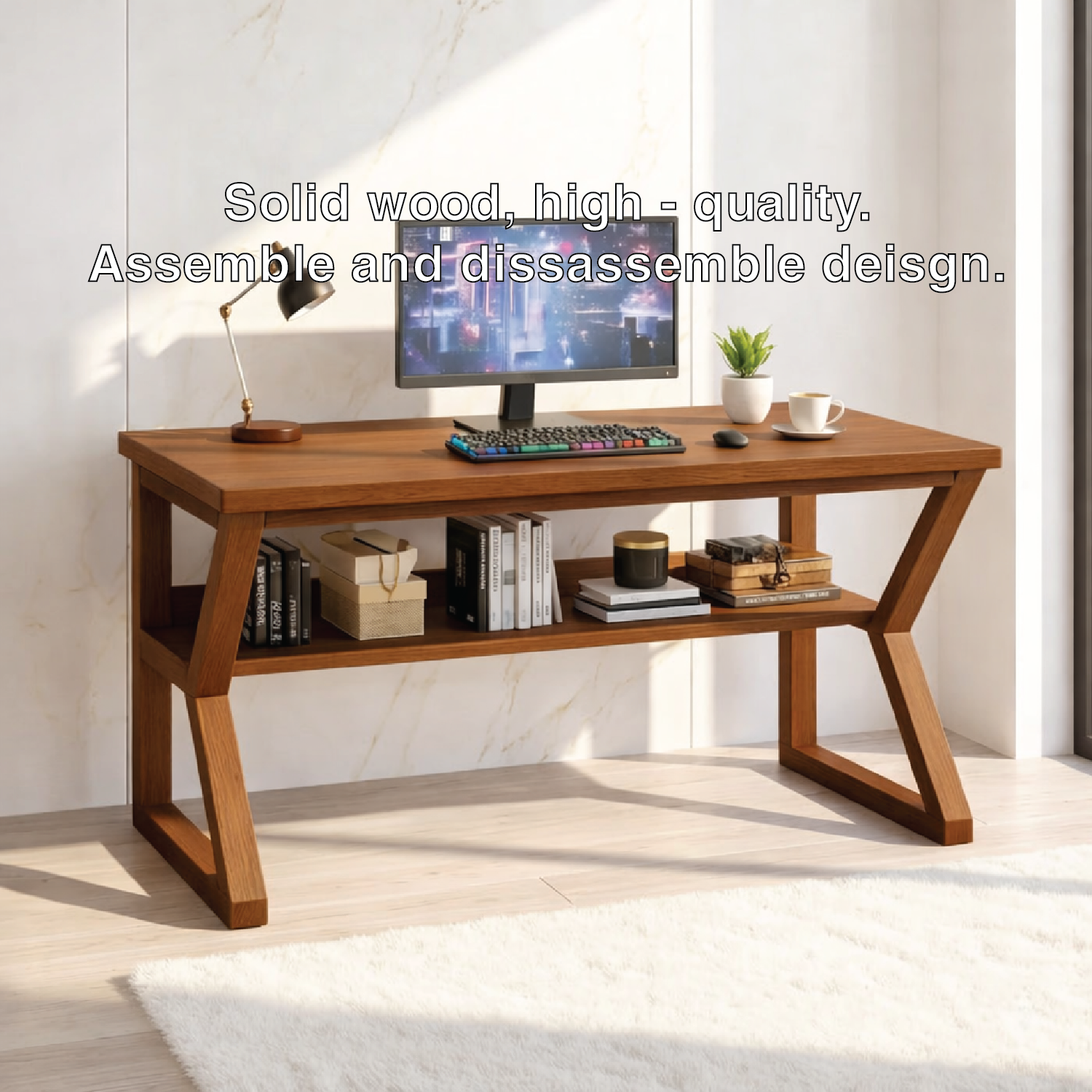 Modern Long Work Desk with Open Shelf Home Office Computer Desk Minimal Design Table