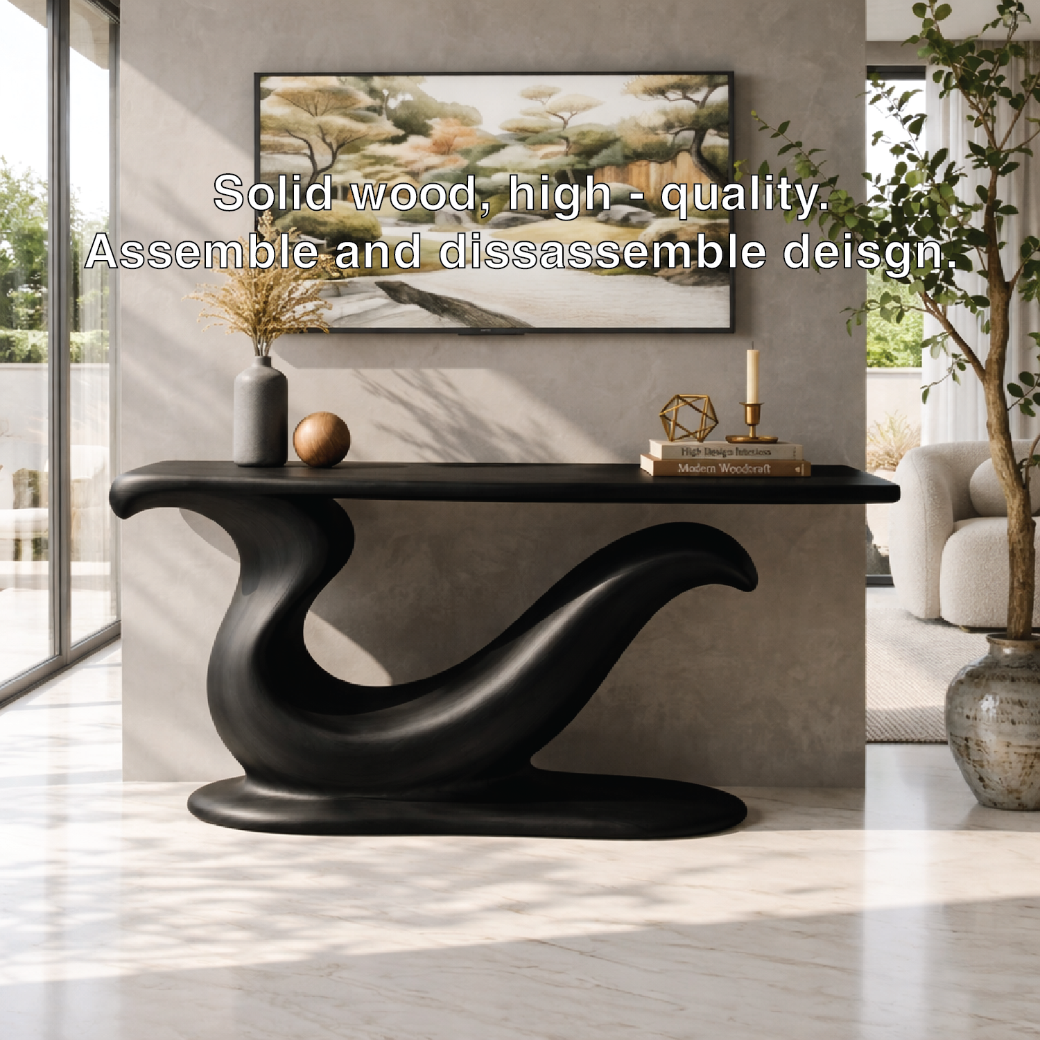 Solid Wood Console Table with Sculpted Curved Base, Modern Artistic Design