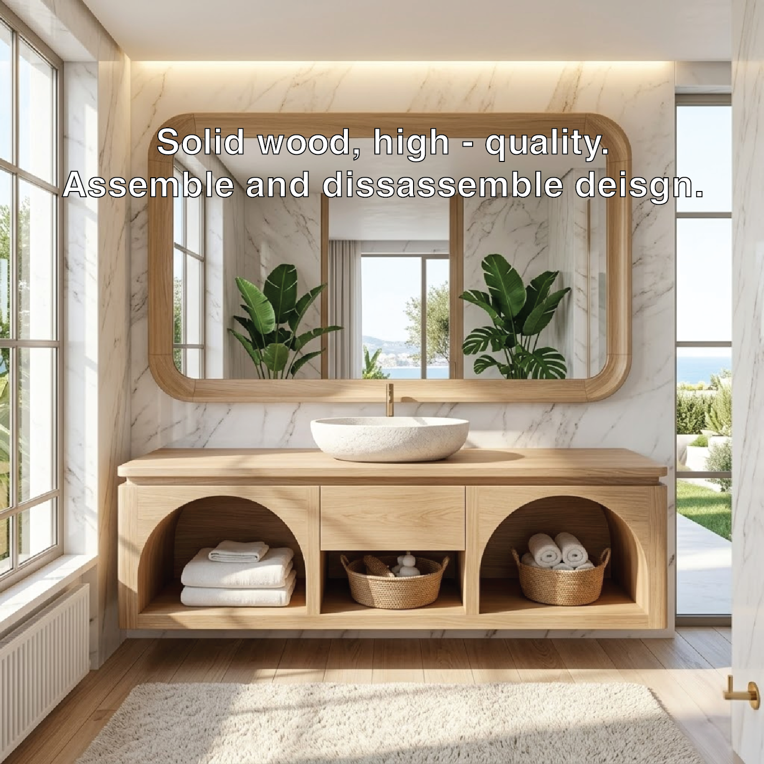 Modern Solid Wood Floating Vanity with Arched Shelves and Natural Finish