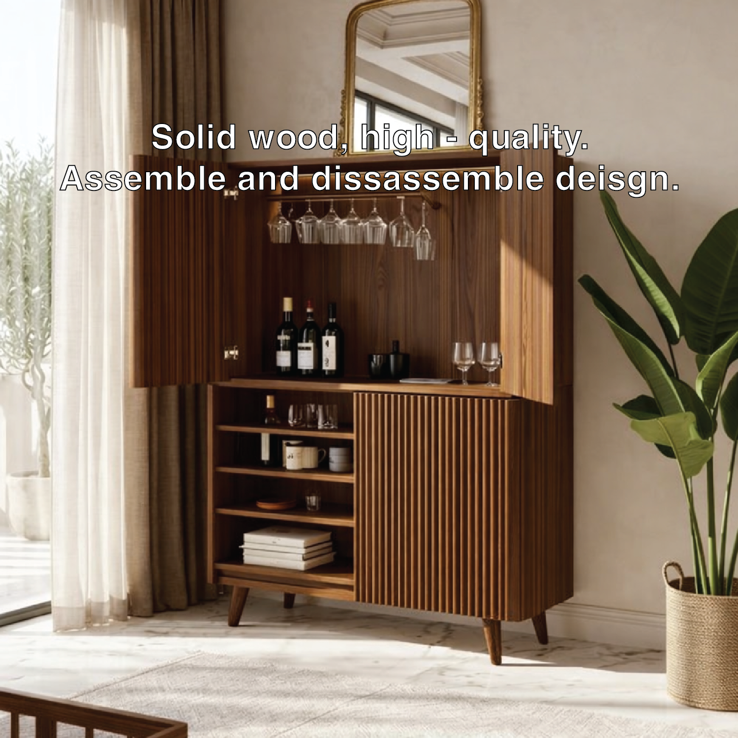 Modern Fluted Bar Cabinet with Wine Glass Rack and Concealed Storage Shelves