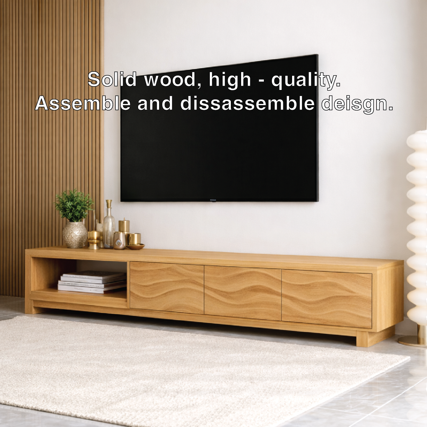 Mid Century Solid Wood TV Stand Wave Front Media Console Long Entertainment Unit