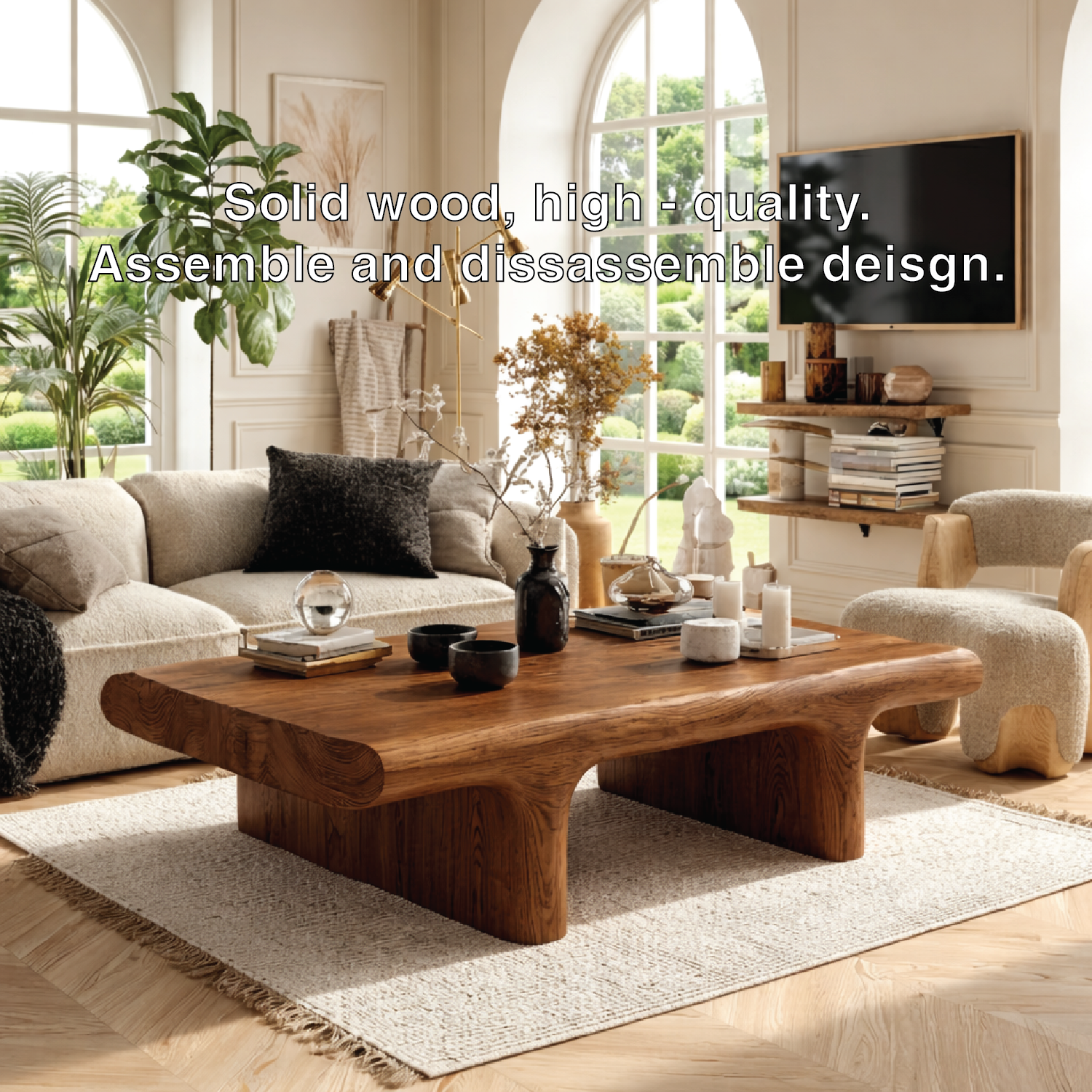 Unique Wooden Coffee Table with Sculptural Curved Design