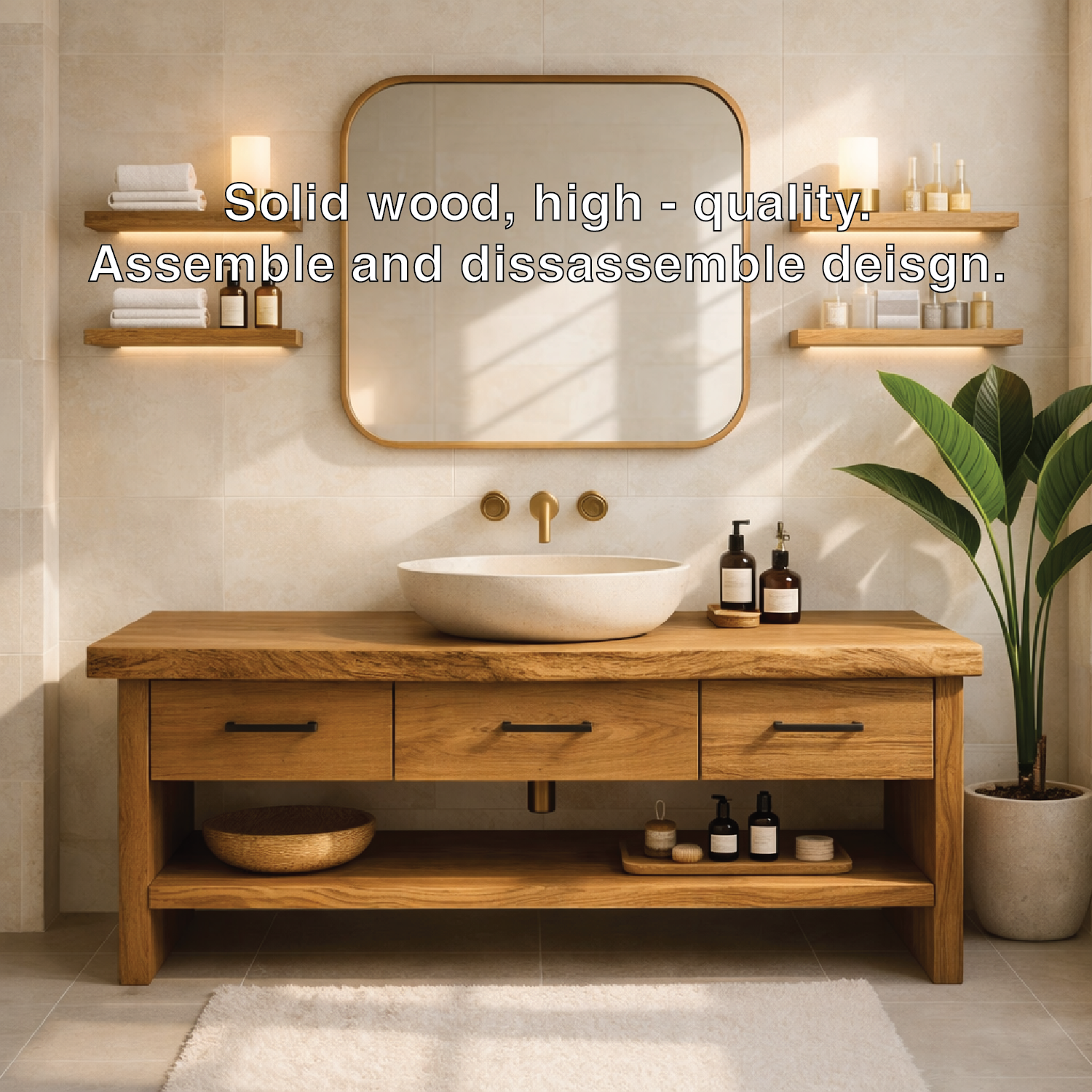 Modern Rustic Solid Wood Bathroom Vanity Cabinet With Drawers And Open Shelf