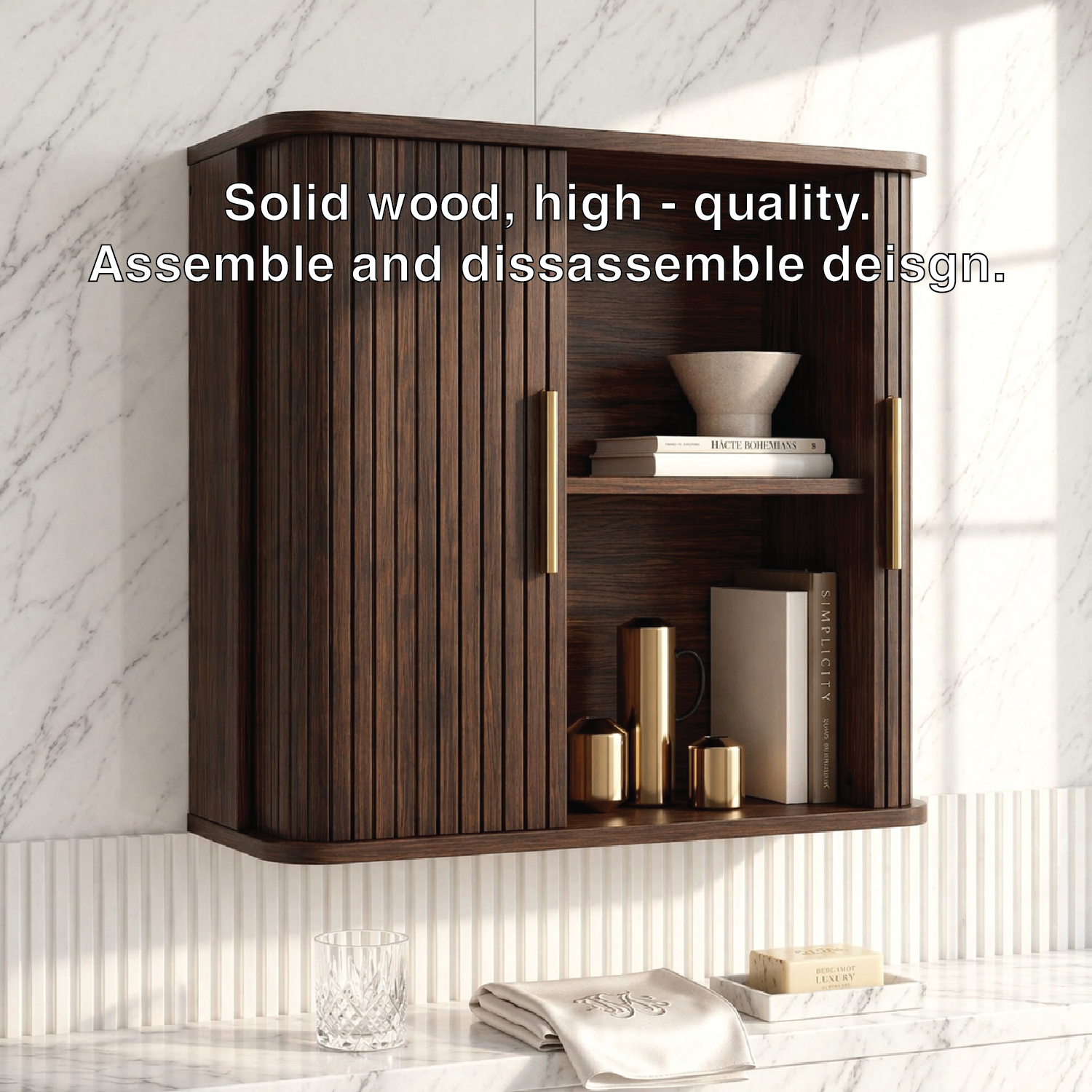 Floating Bathroom Cabinet, Modern Slatted Wall Mounted Vanity Storage Organizer Shelf