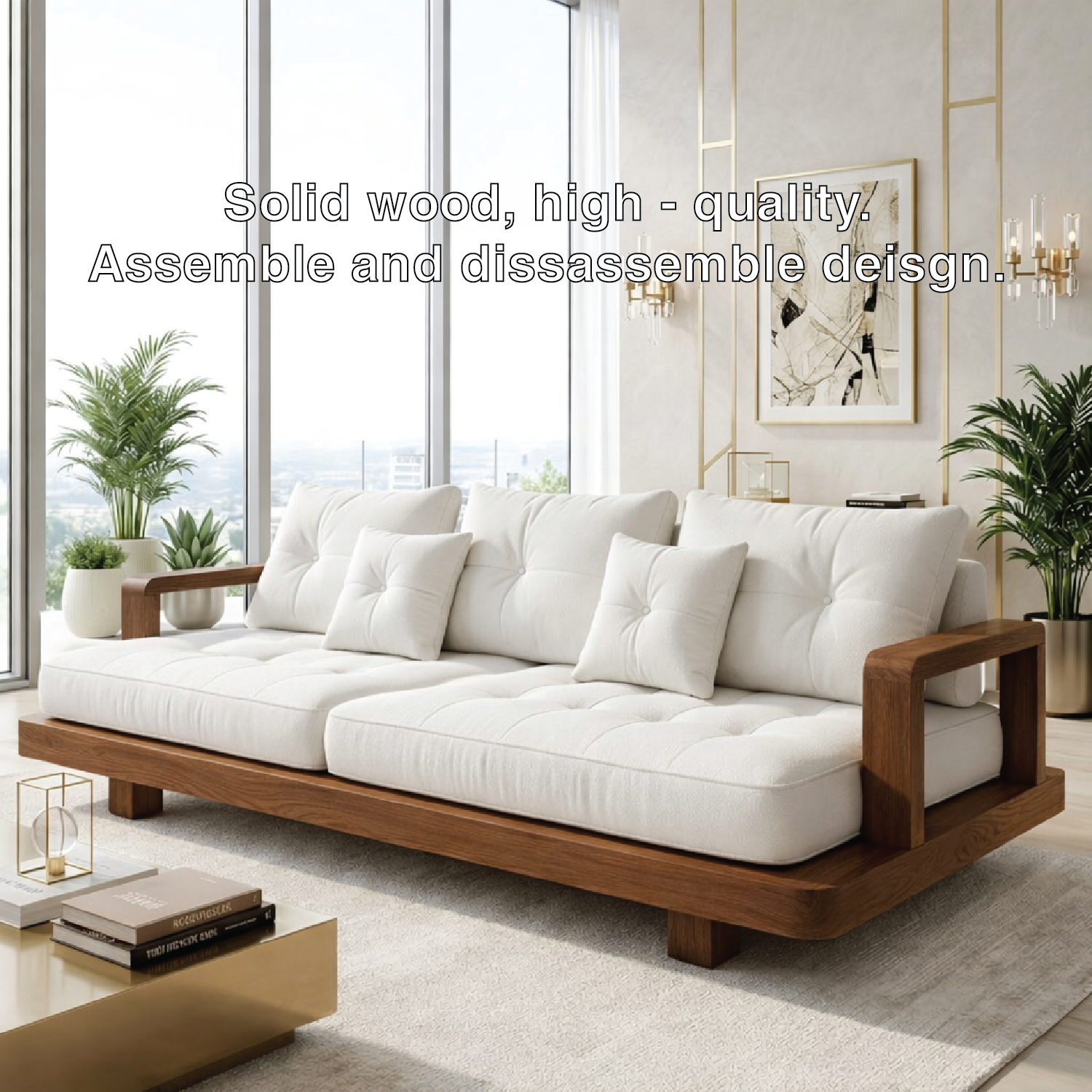 Modern Minimalist Solid Wood Sofa with White Tufted Cushions Zen Living Room Couch