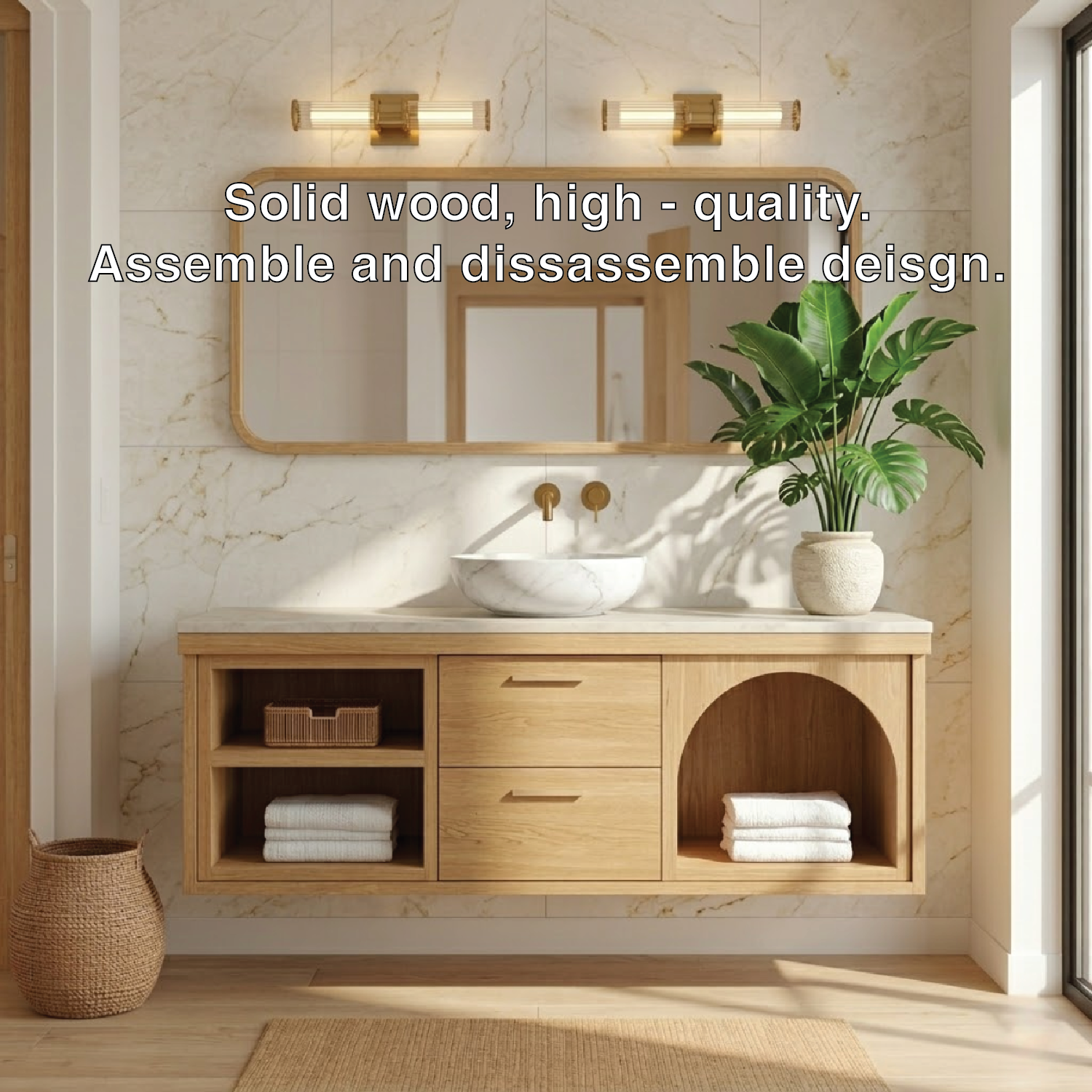 Modern Walnut Floating Vanity with Arched Shelf and Natural Finish