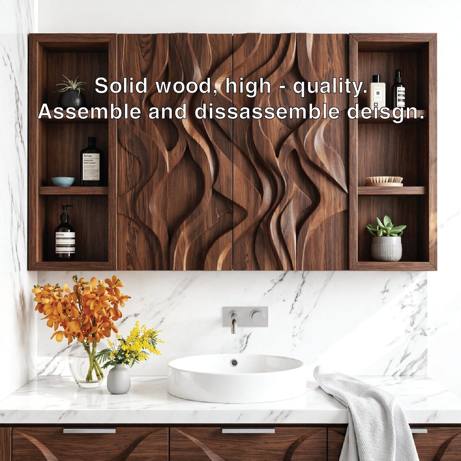 Floating Bathroom Cabinet, Carved Wall Mounted Vanity Organizer With Side Shelves