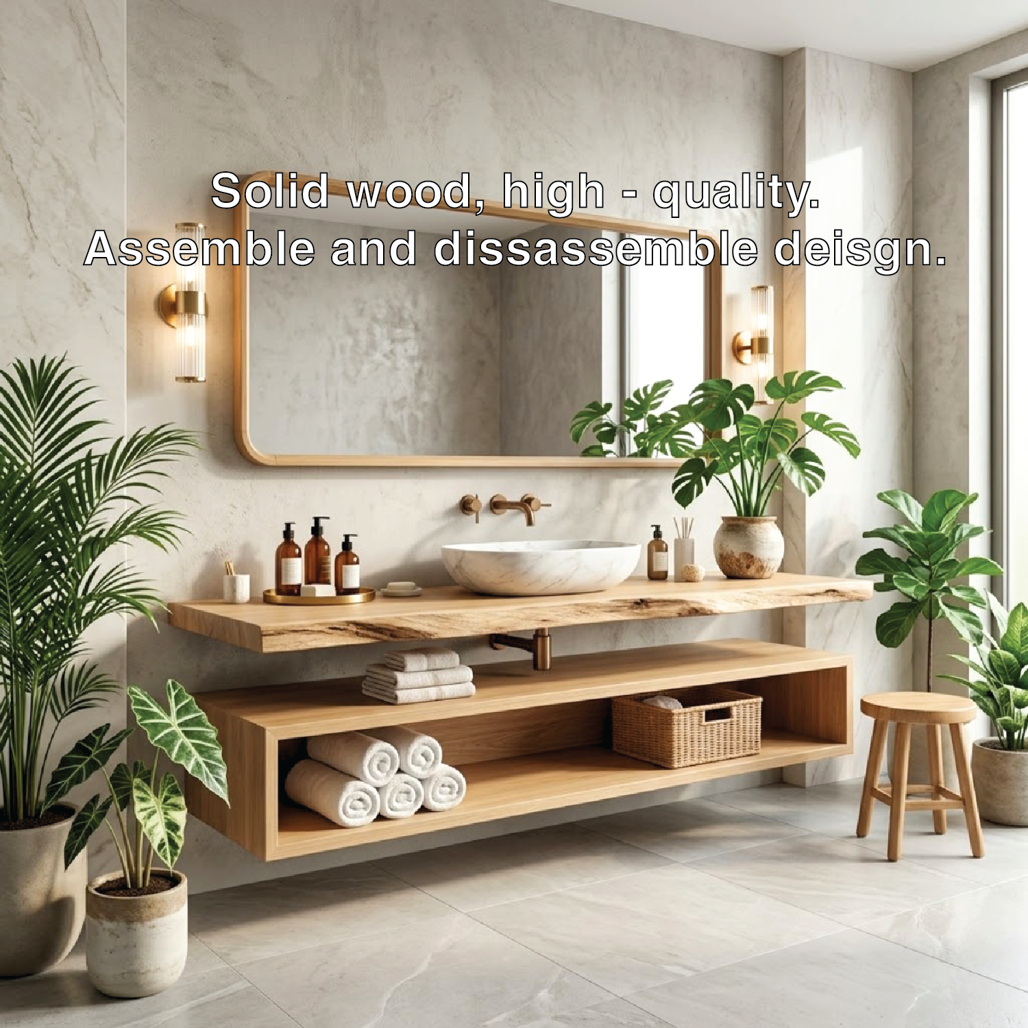 Floating Vanity with Natural Wood Finish and Open Shelf for Bathroom