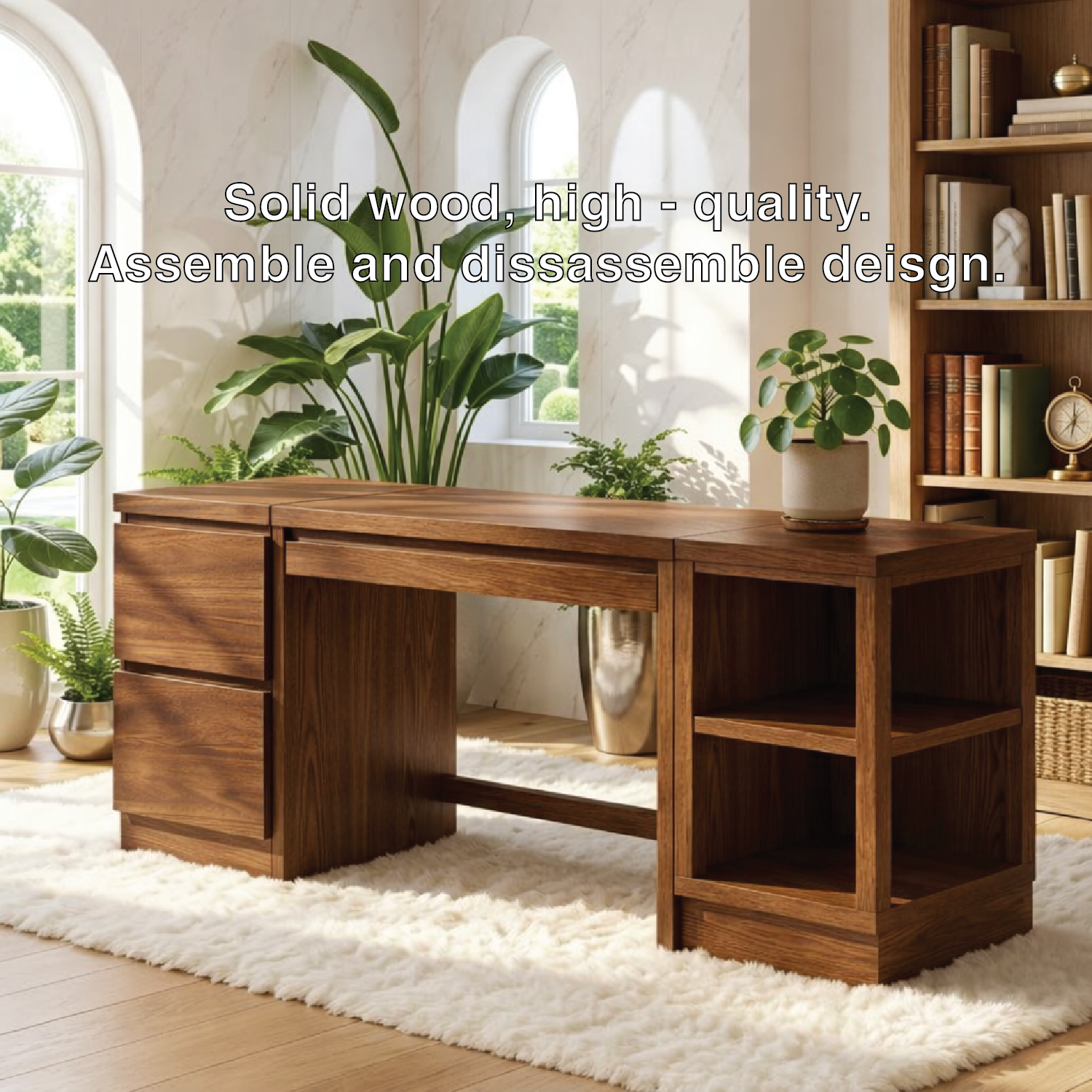 Modern Executive Desk with Storage Cabinet and Shelves Home Office Work Table Design