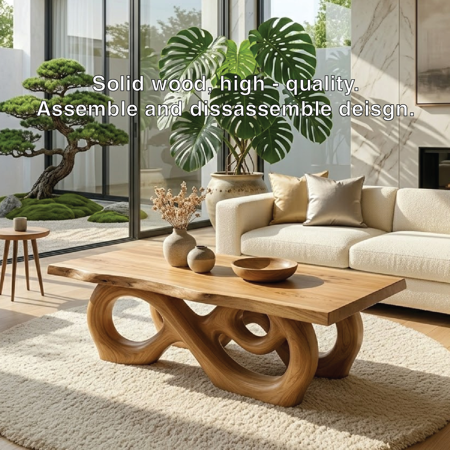 Sculptural Solid Wood Coffee Table with Artistic Carved Base, Modern Living Room Table