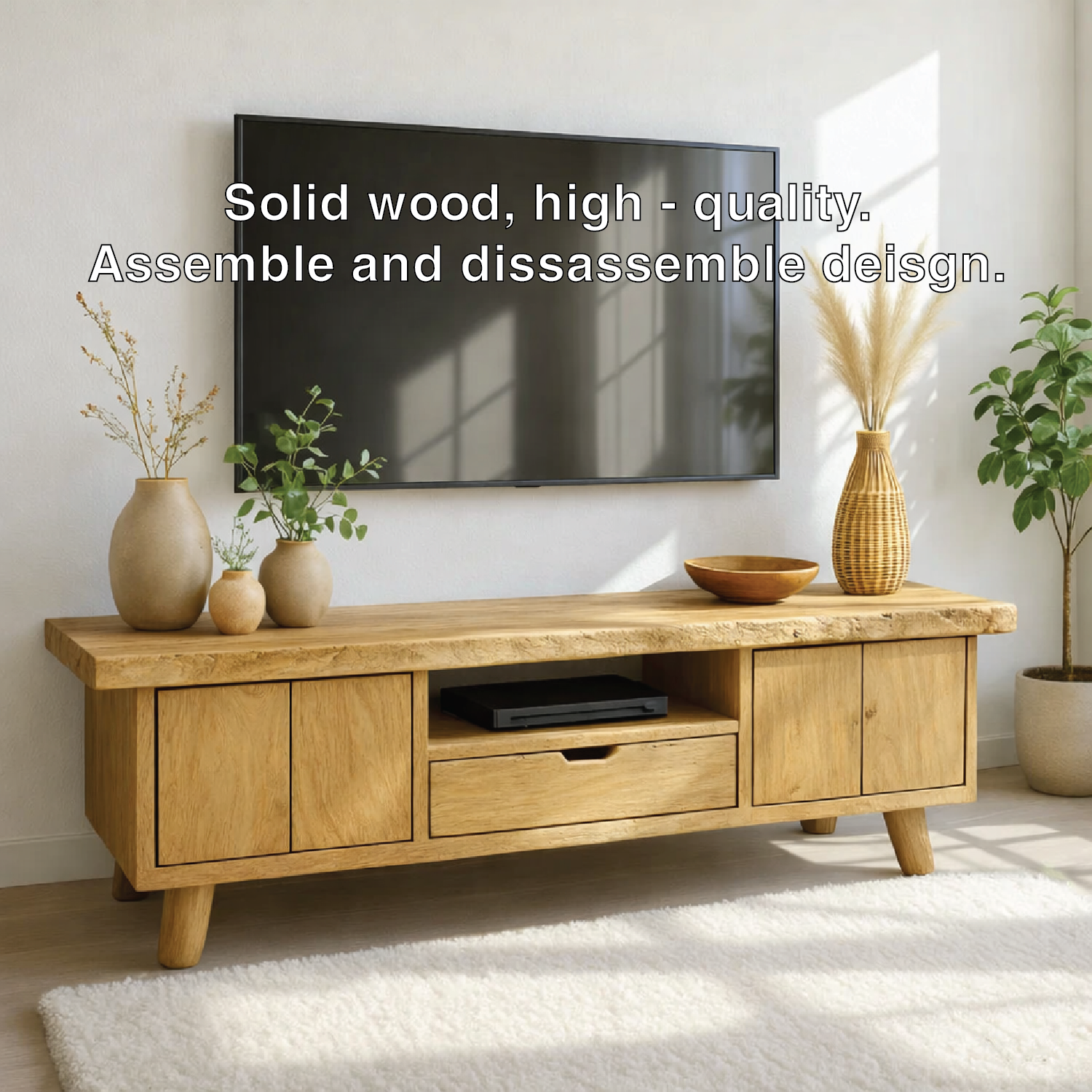 Modern Wood TV Stand With Storage Cabinets and Drawer Long Media Console Entertainment Center