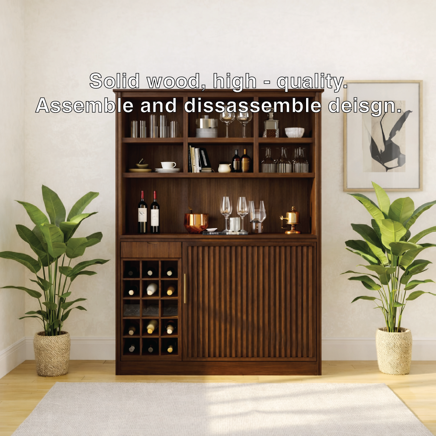 Modern Wine Cabinet with Bottle Rack, Display Shelves and Sliding Door Storage