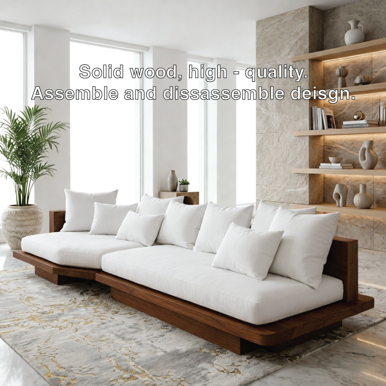 Modern Solid Wood Sofa with White Fabric Cushions Luxury Japandi Living Room Couch