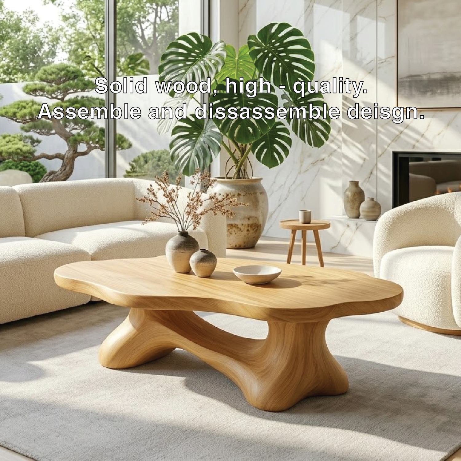 Solid Wood Sculptural Coffee Table with Organic Carved Base, Modern Designer Living Room Table