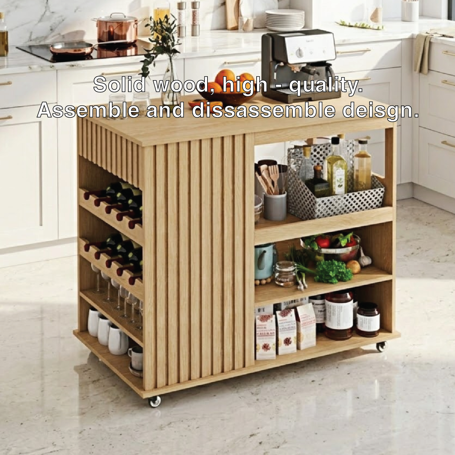 Rolling Kitchen Island with Wine Rack Storage Shelves, Modern Prep Cart for Home Kitchen Use
