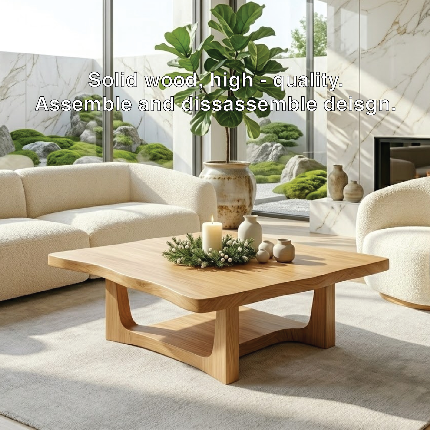Solid Oak Coffee Table with Curved Edges and Open Base, Modern Japanese Style Living Room Table