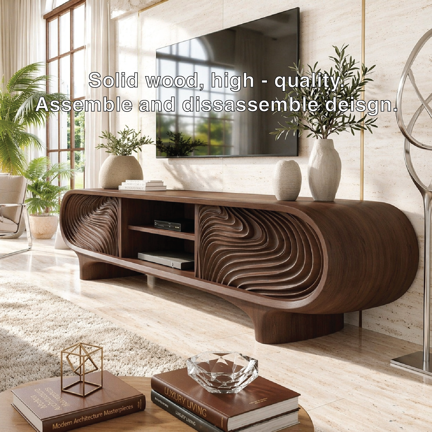 Sculptural Curved TV Console, Modern Carved Media Cabinet for Luxury Interiors