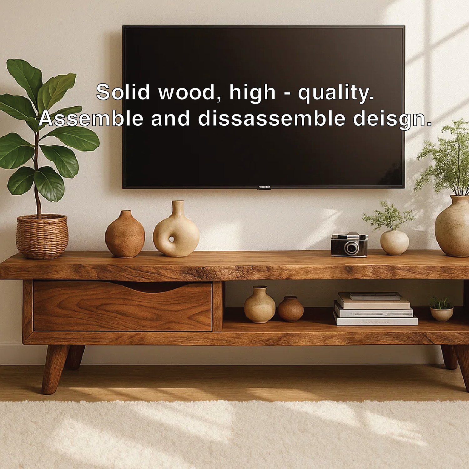 Handcrafted Solid Wood TV Stand with Drawer and Open Shelf, Mid Century Modern Media Console