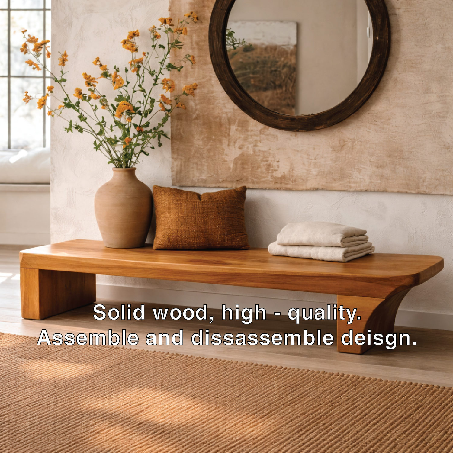 Solid Wood Low Profile Bench, Minimalist Modern Entryway Seating