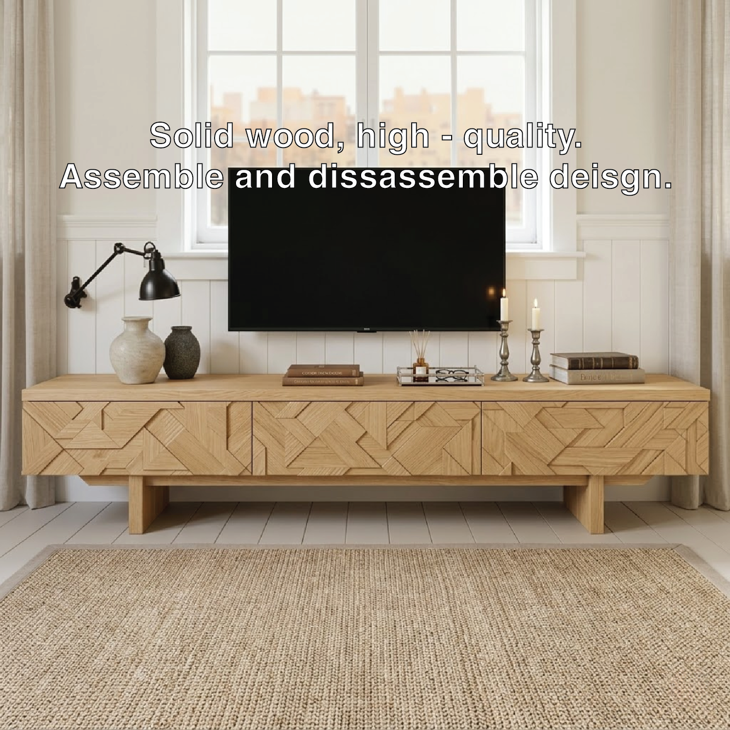 Solid Wood TV Stand with Geometric Doors, Modern Media Console Cabinet