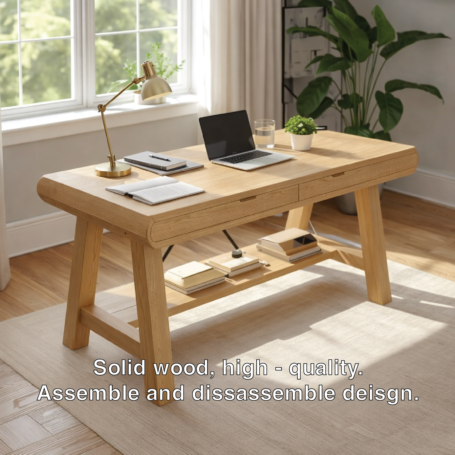 Solid Wood Work Desk with Drawer and Shelf, Handmade Modern Writing Table