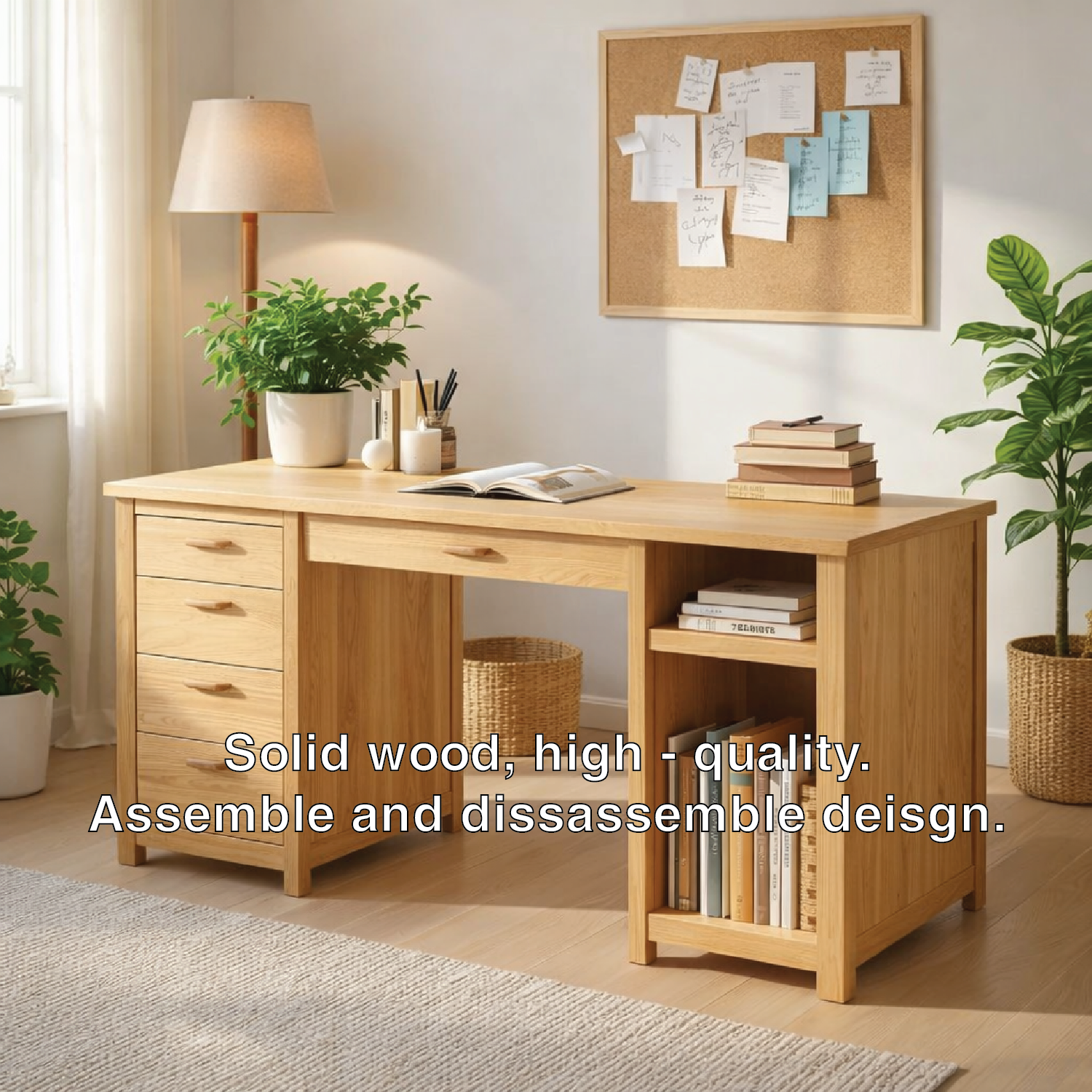 Solid Oak Handmade Work Desk with Drawers and Open Storage Shelves