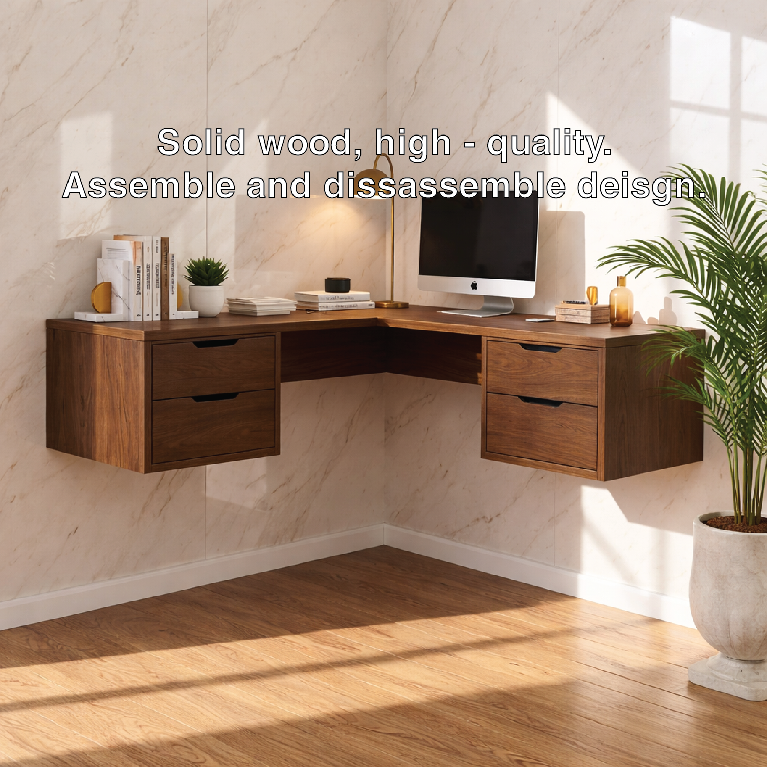 Floating Corner Desk with Drawers – Walnut Wall-Mounted Workspace