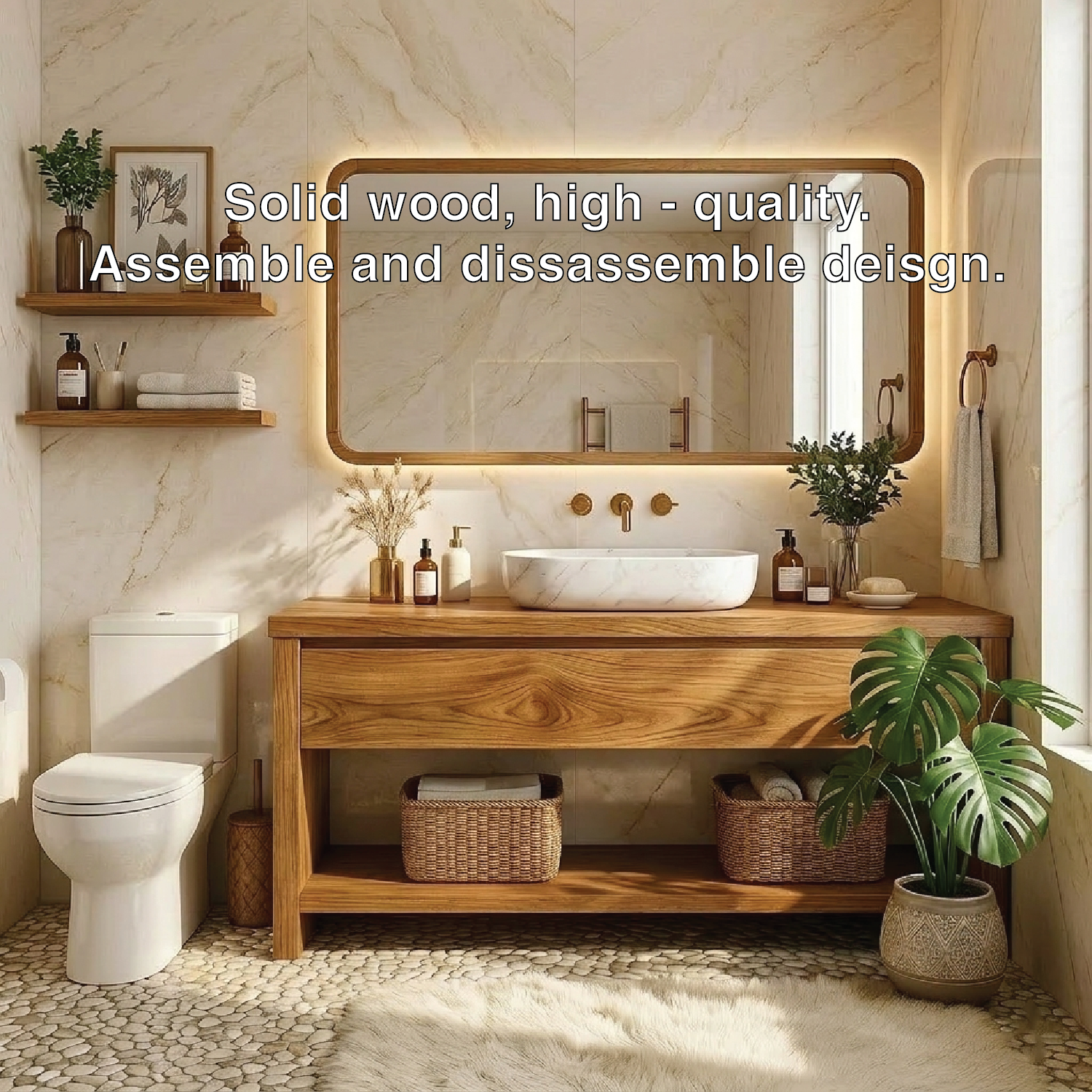 Elegant Oak Bathroom Vanity with Marble Sink & Open Shelves, Modern Design
