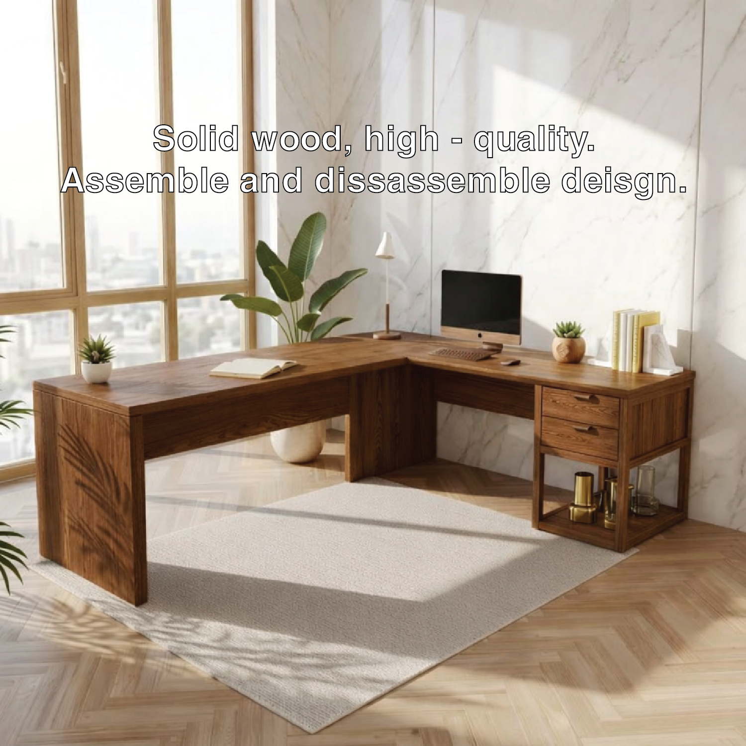 Modern L Shaped Desk with Drawers Home Office Corner Workstation Minimal Design Table