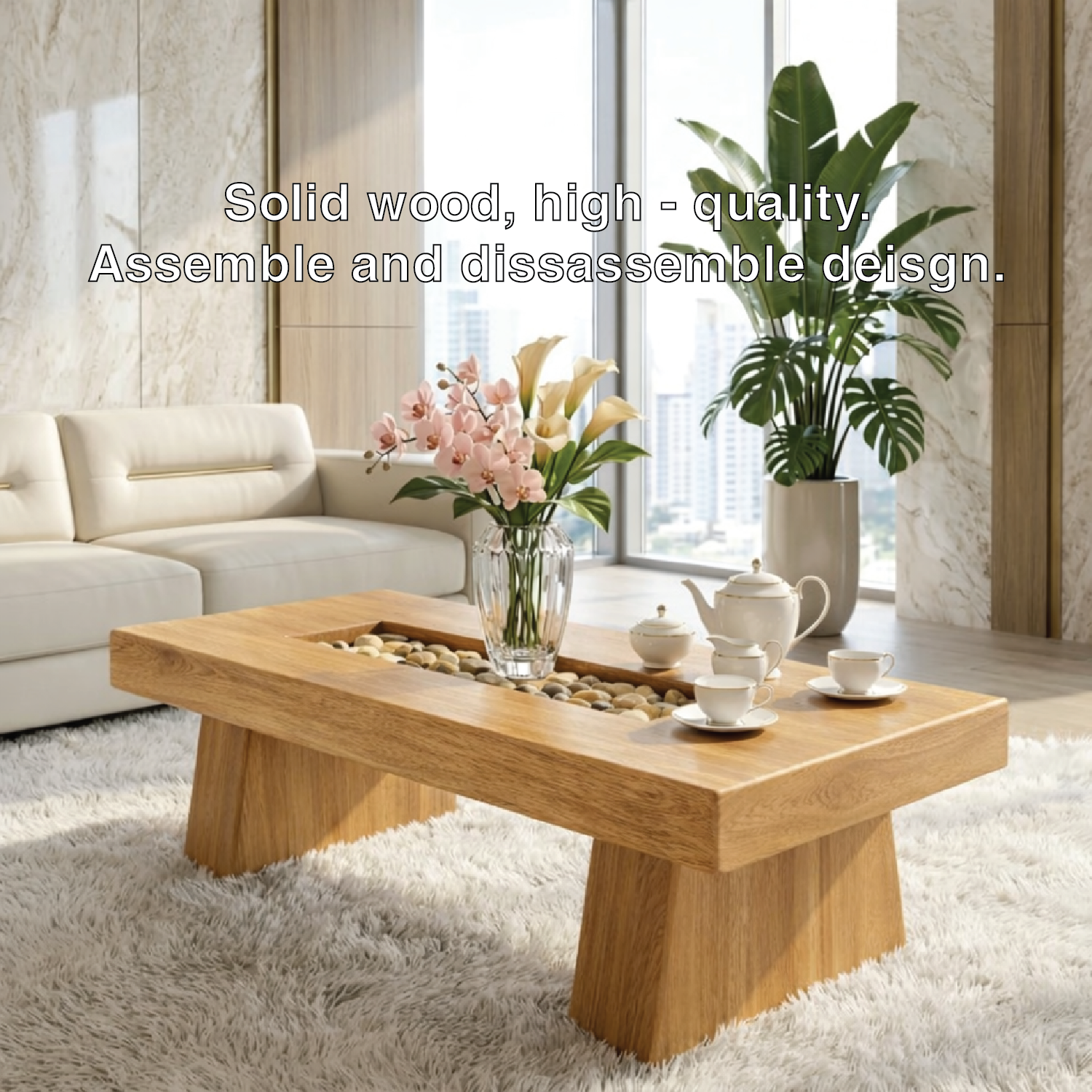 Rustic Wooden Coffee Table with Stone Inlay, Handmade Living Room Furniture