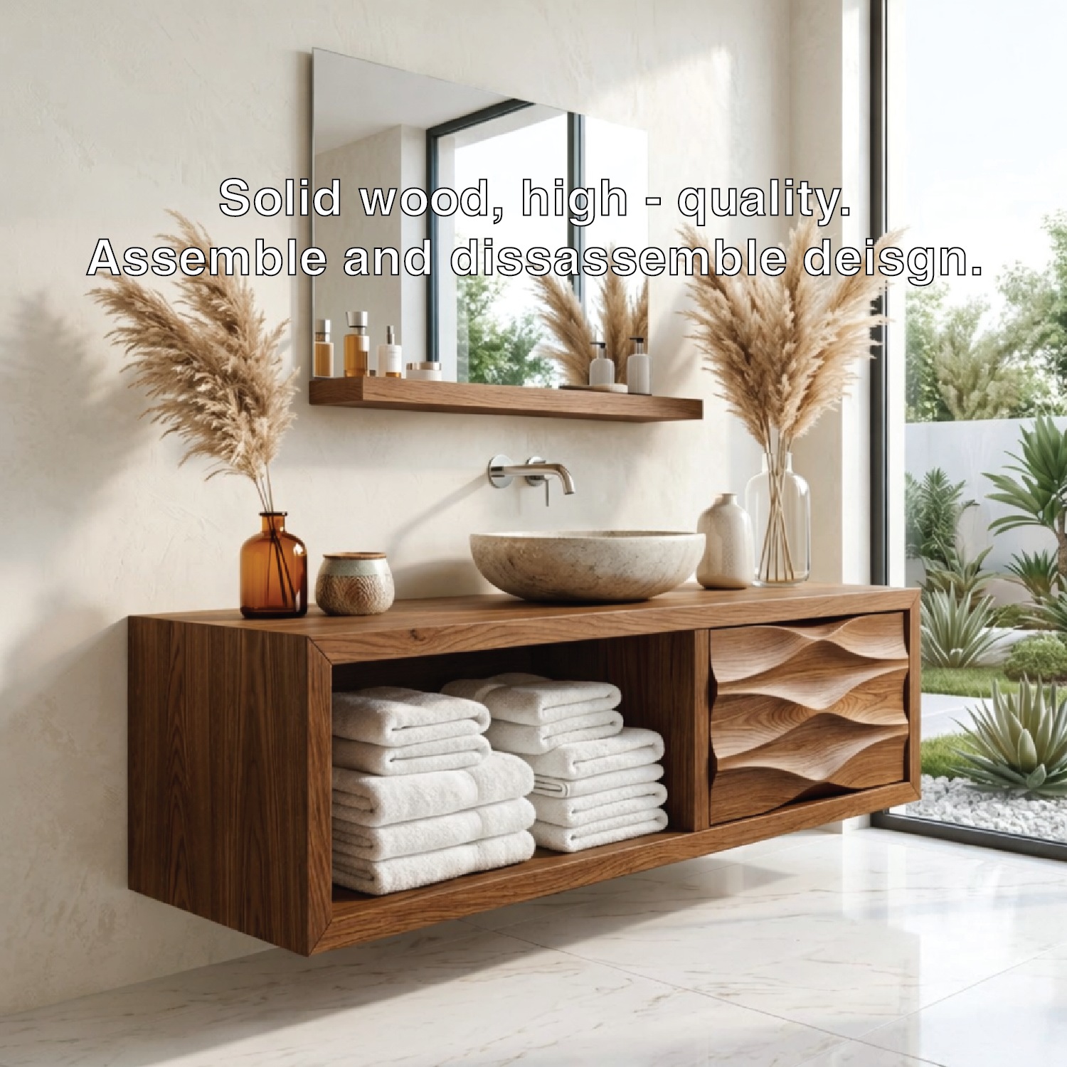 Modern Solid Wood Bathroom Vanity with Open Storage and Textured Drawer Front